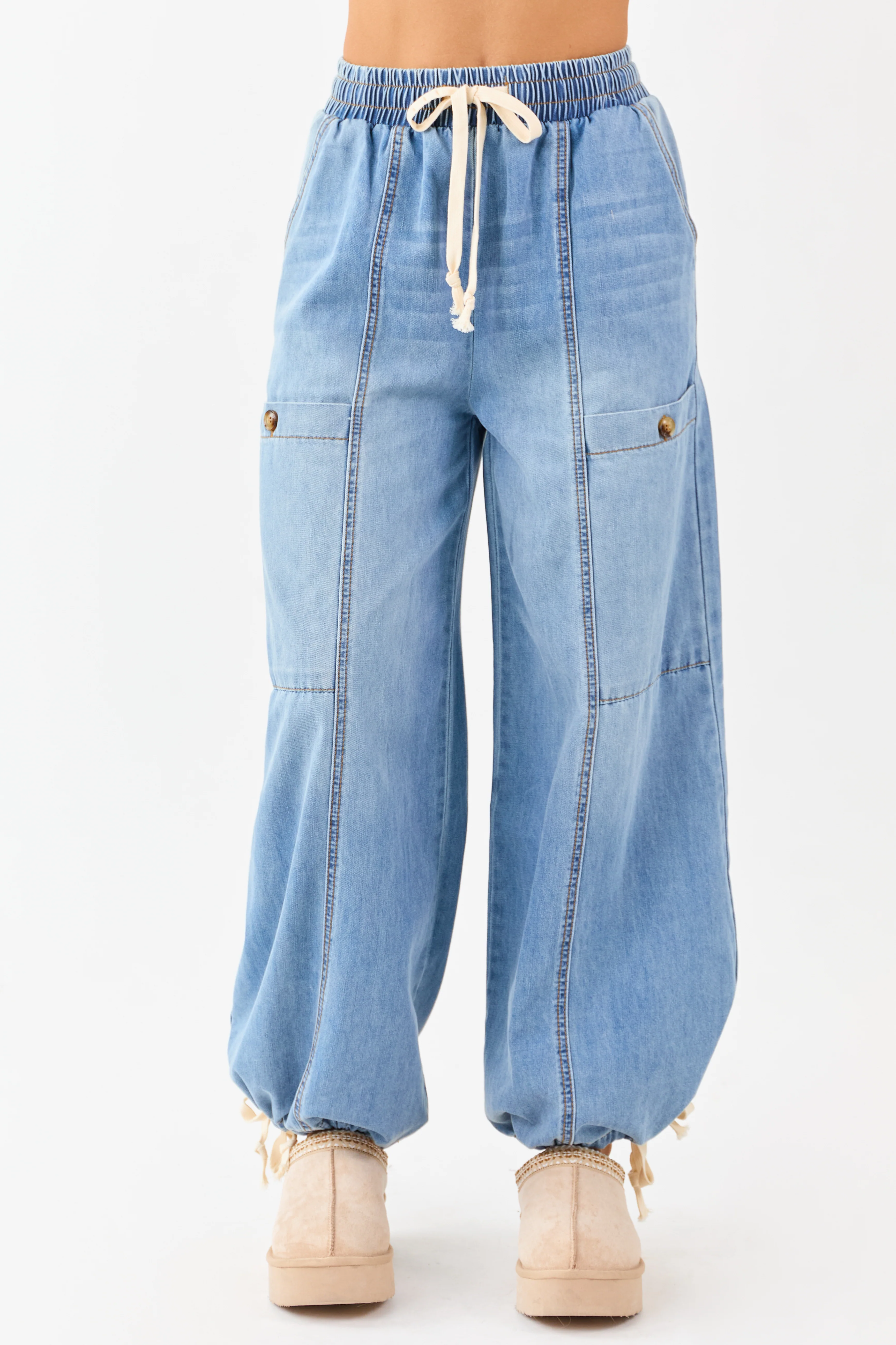 Medium Wash Lightweight Denim Wide Drawstring Pants - Image 2