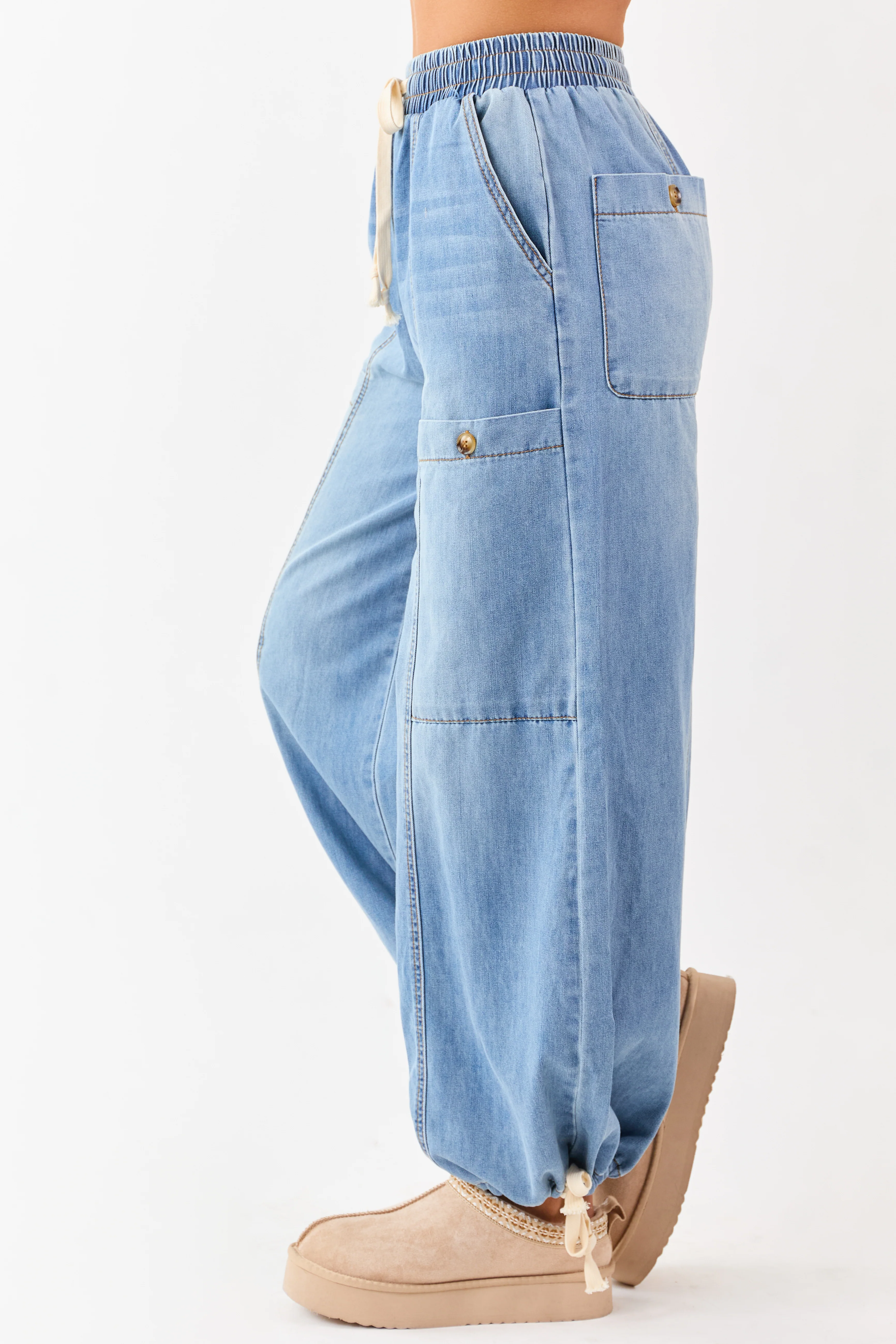 Medium Wash Lightweight Denim Wide Drawstring Pants - Image 3
