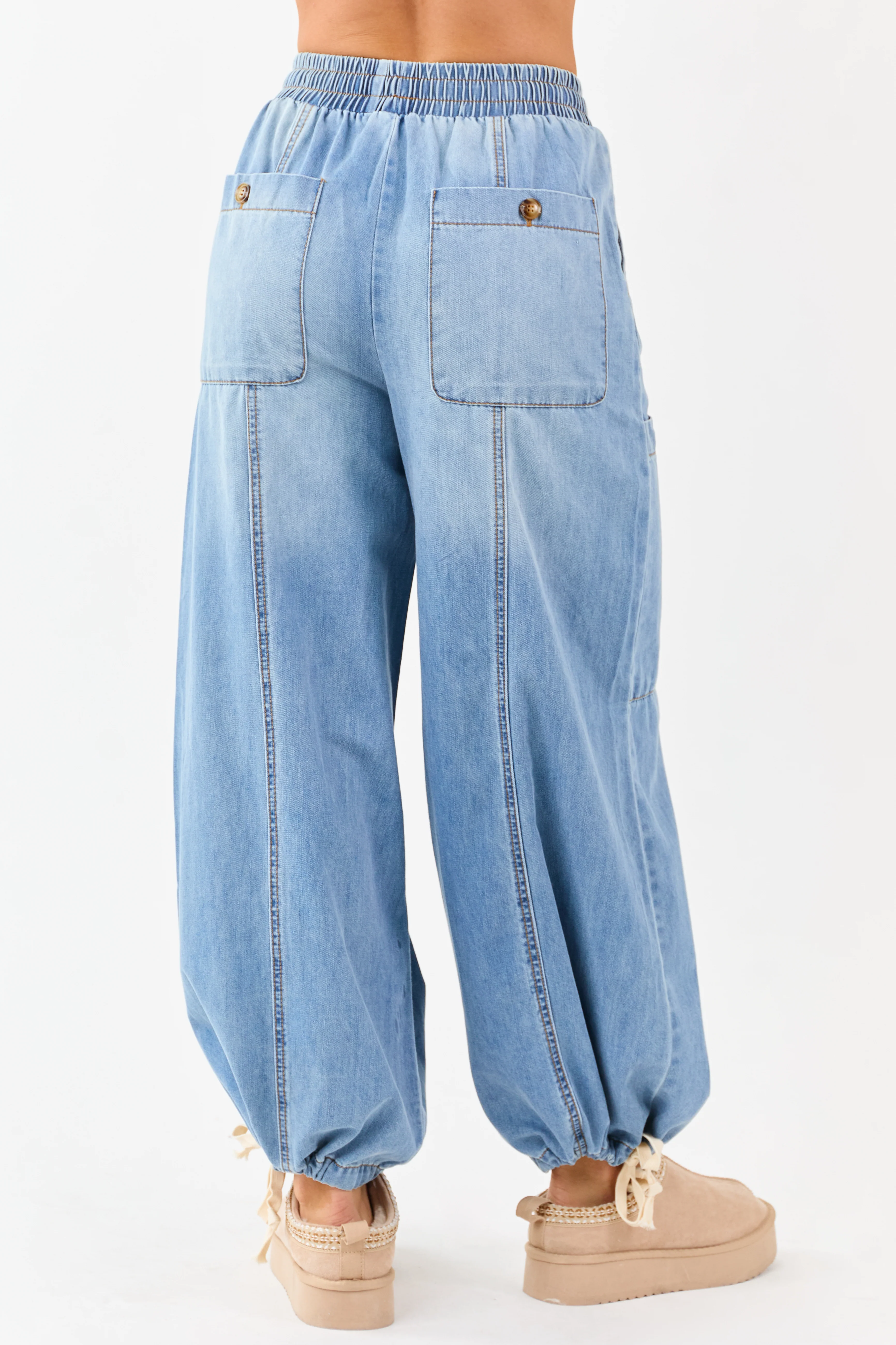Medium Wash Lightweight Denim Wide Drawstring Pants - Image 4