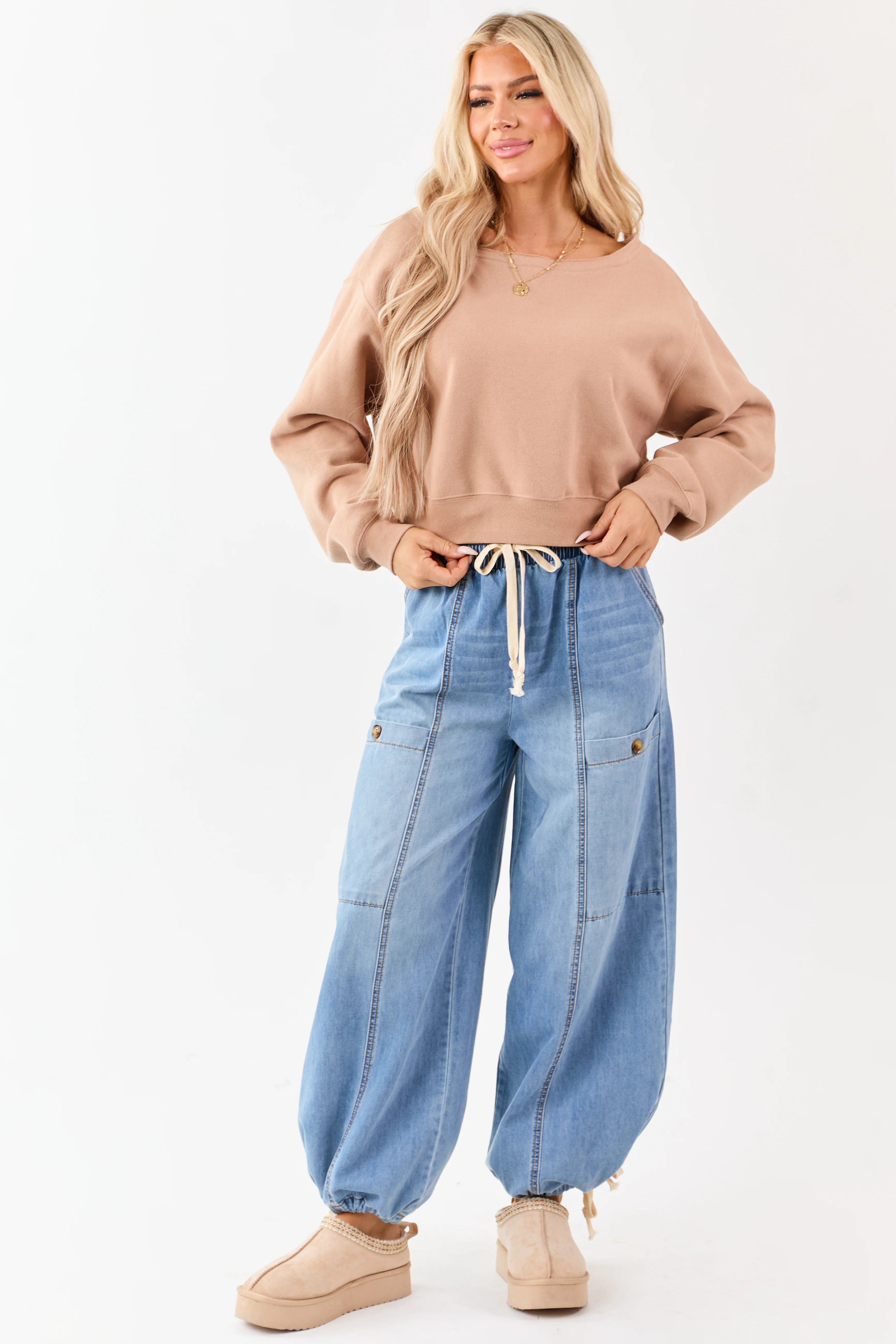 Medium Wash Lightweight Denim Wide Drawstring Pants - Image 5