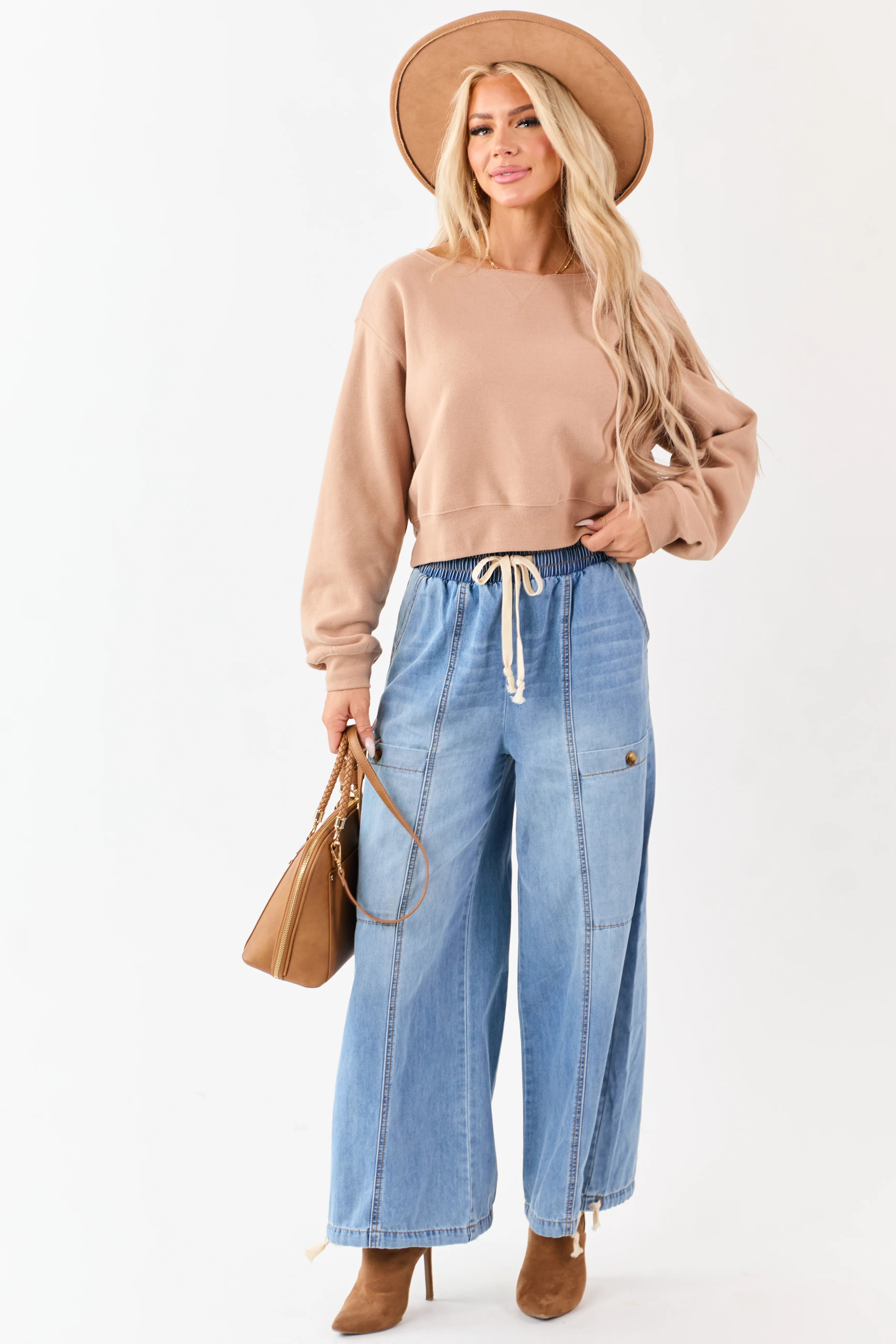 Medium Wash Lightweight Denim Wide Drawstring Pants - Image 7