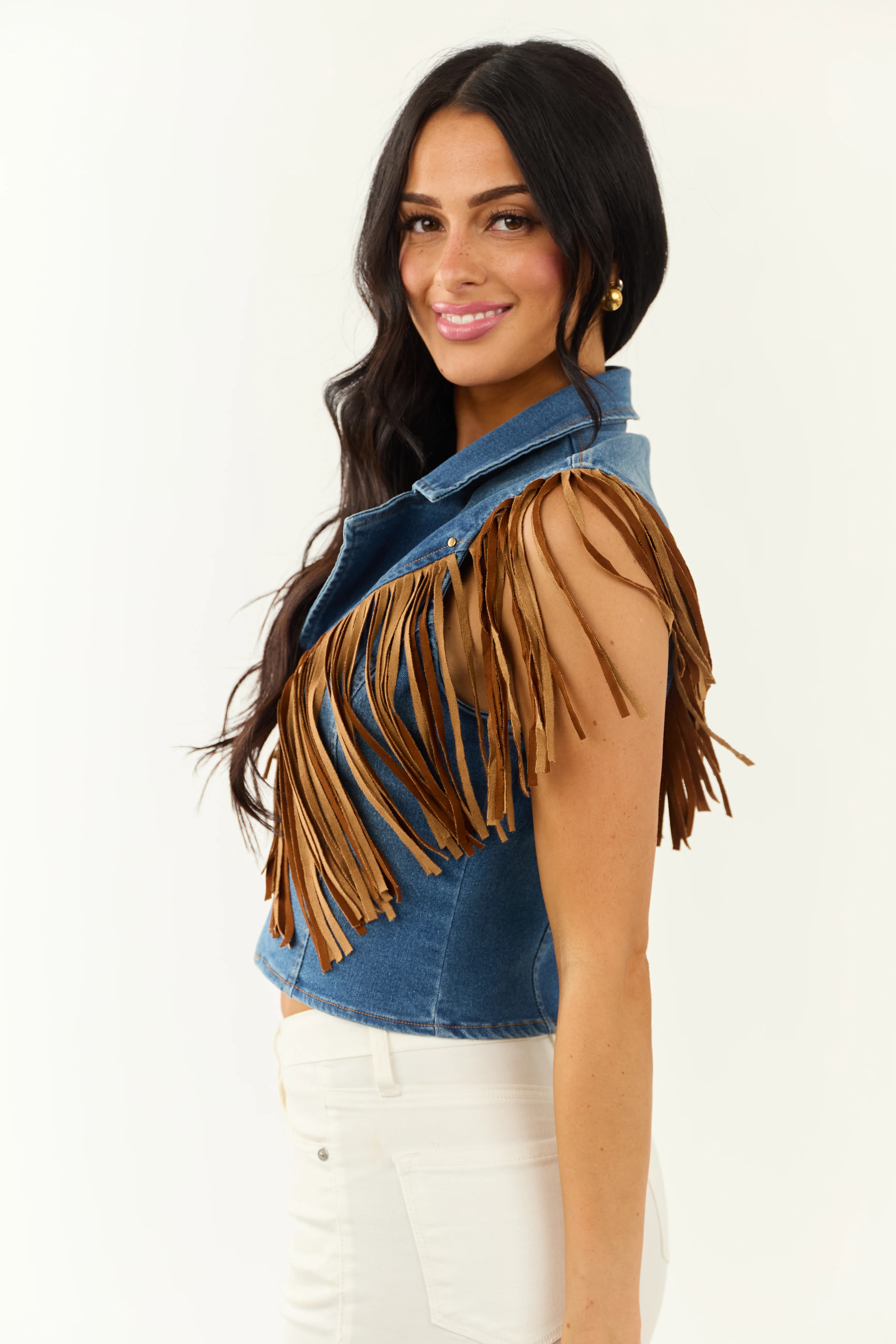 Medium Wash Stretchy Denim Fringe Zip Up Vest - Image 2