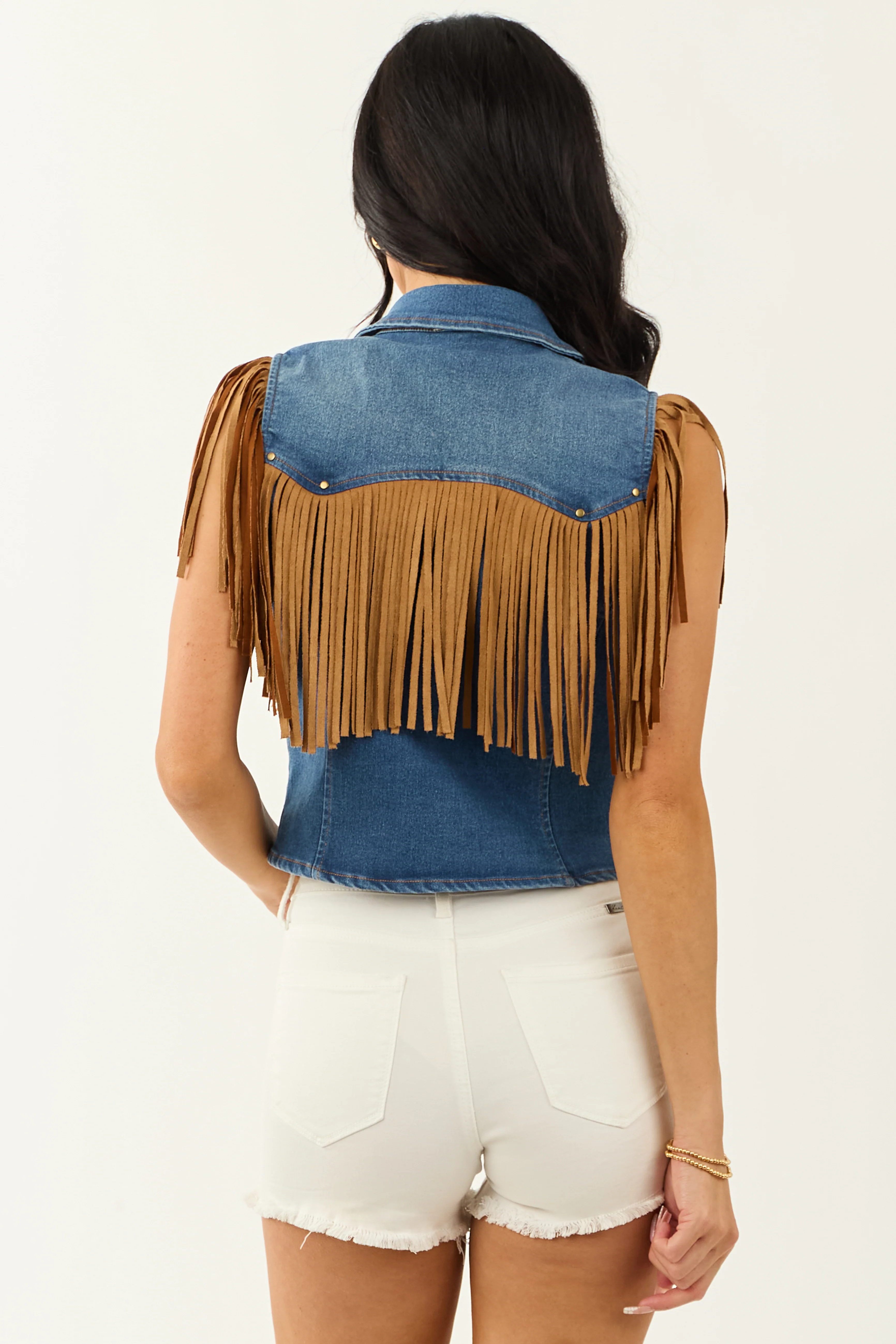 Medium Wash Stretchy Denim Fringe Zip Up Vest - Image 3