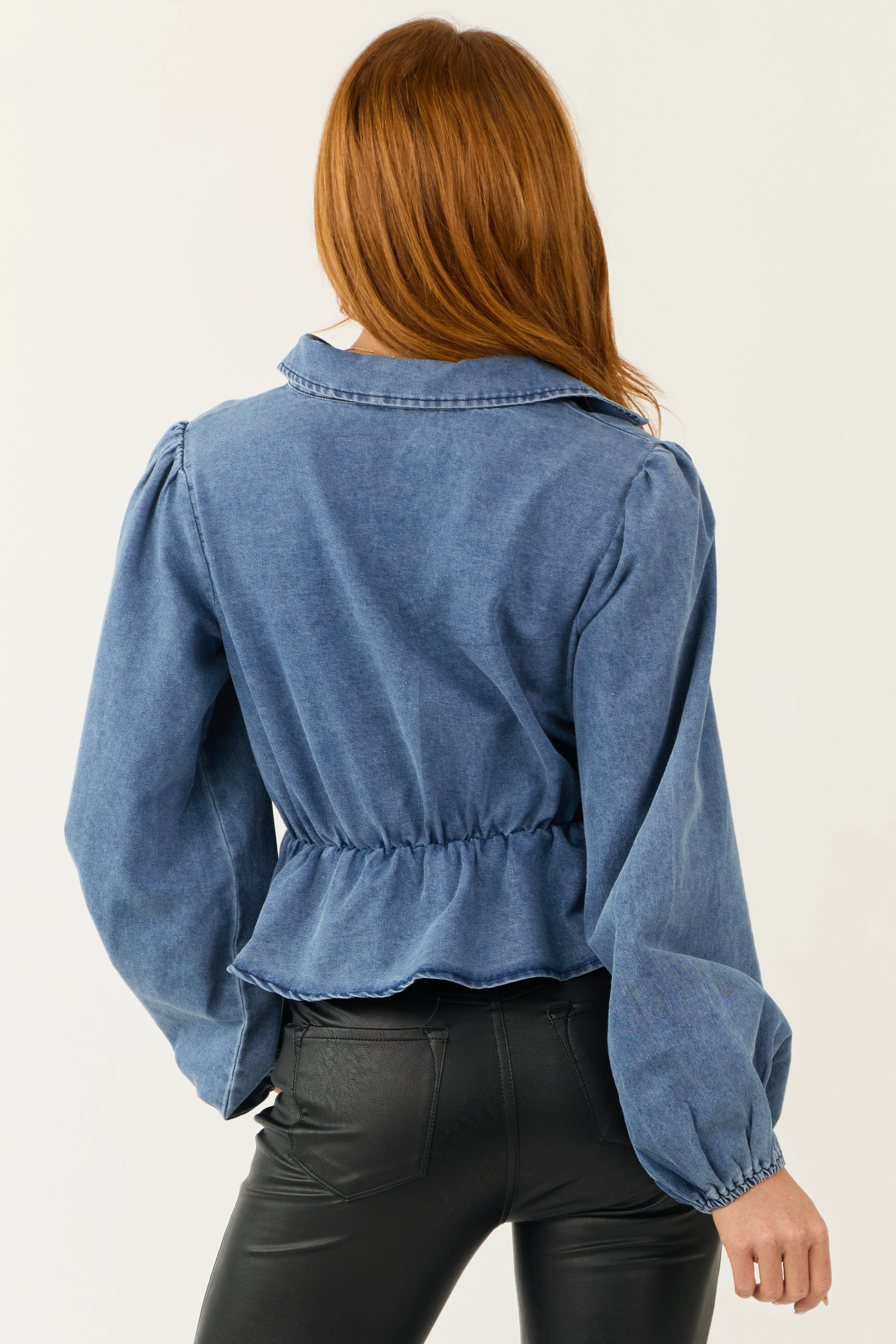 Medium Wash Tie Neckline Denim Peplum Top - Image 5