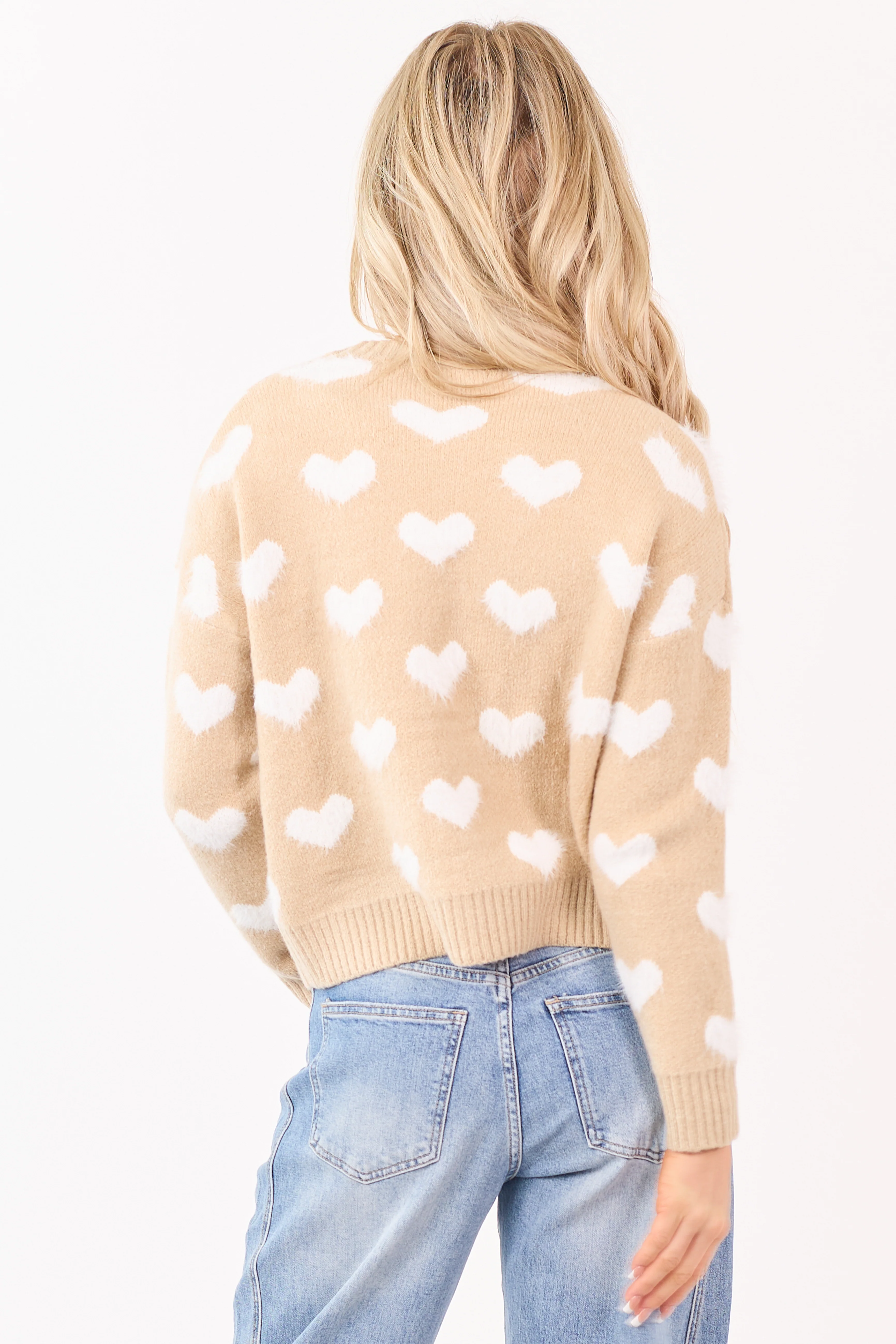Mello Beige Heart Print Button Down Fuzzy Cardigan - Image 6