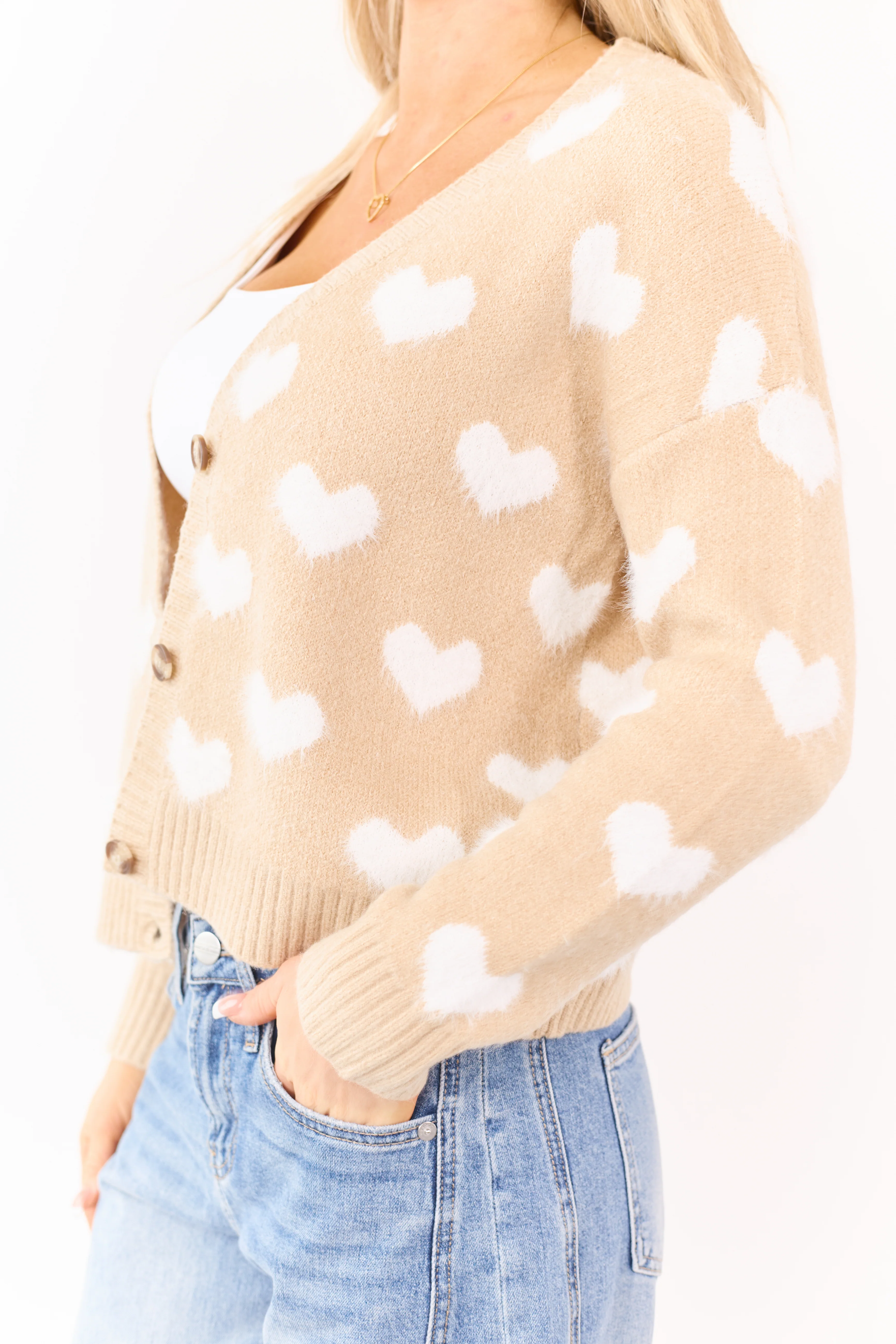Mello Beige Heart Print Button Down Fuzzy Cardigan - Image 7