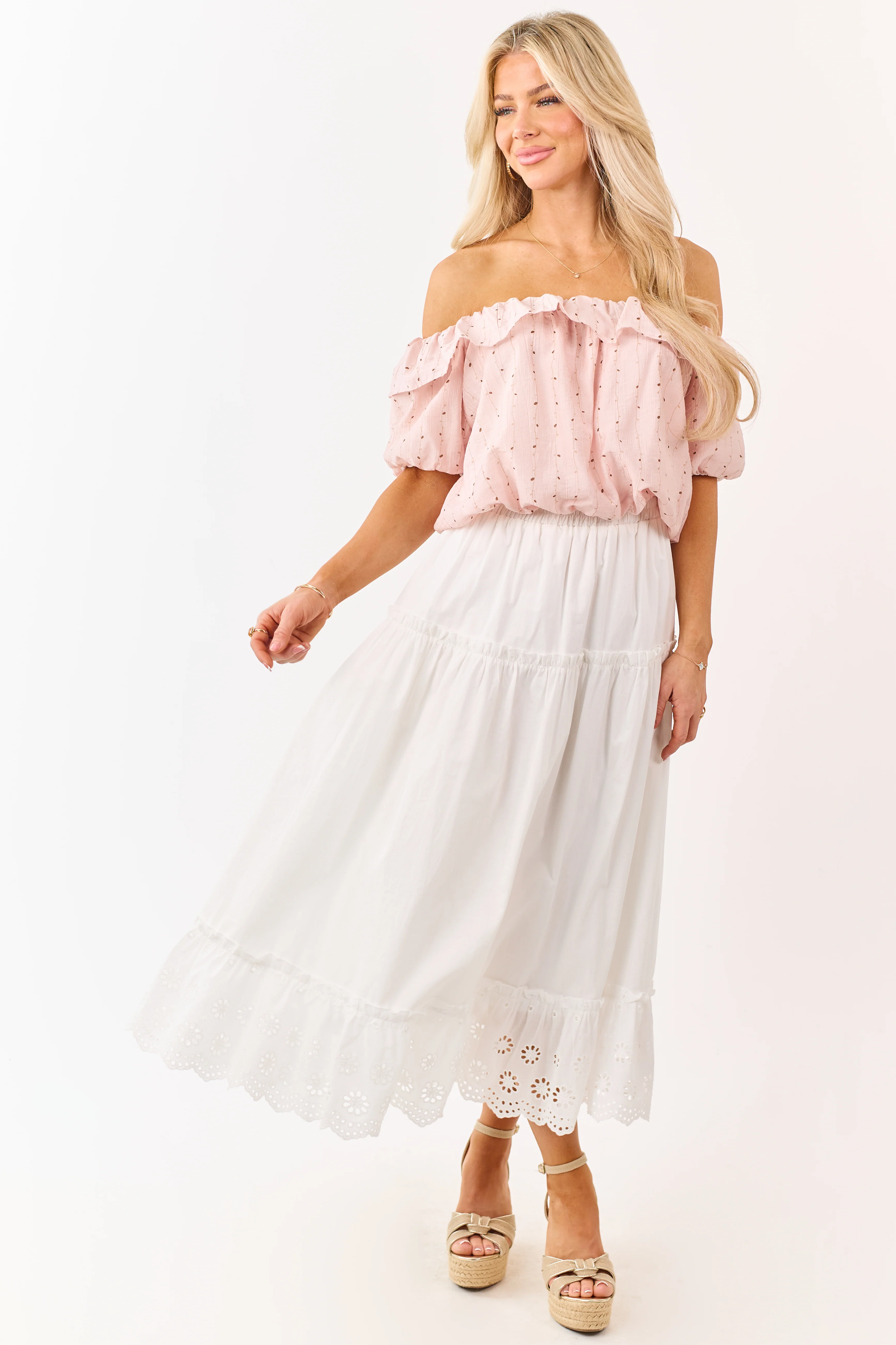 Mello Blush Abstract Print Off the Shoulder Ruffle Top - Image 2
