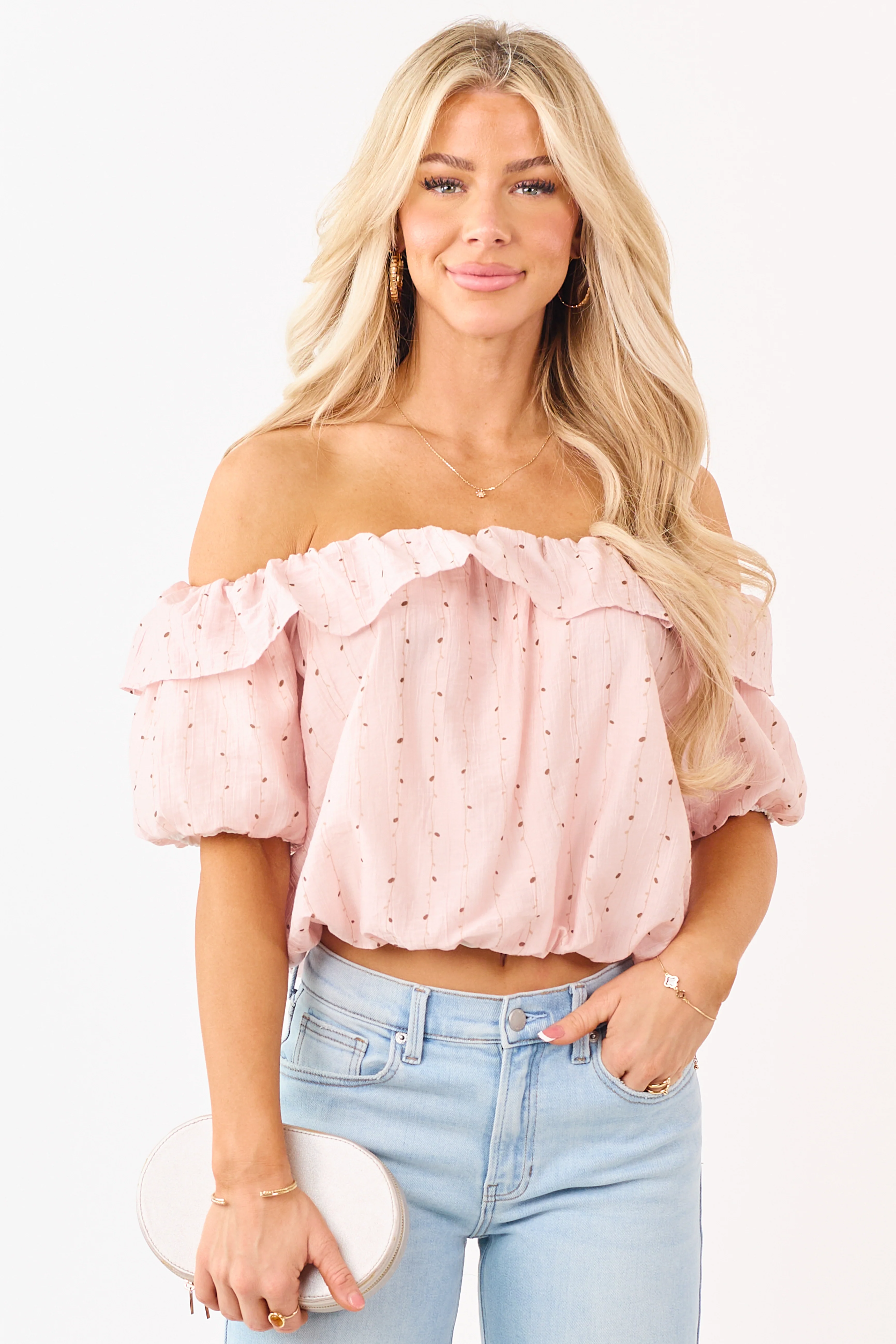 Mello Blush Abstract Print Off the Shoulder Ruffle Top - Image 3
