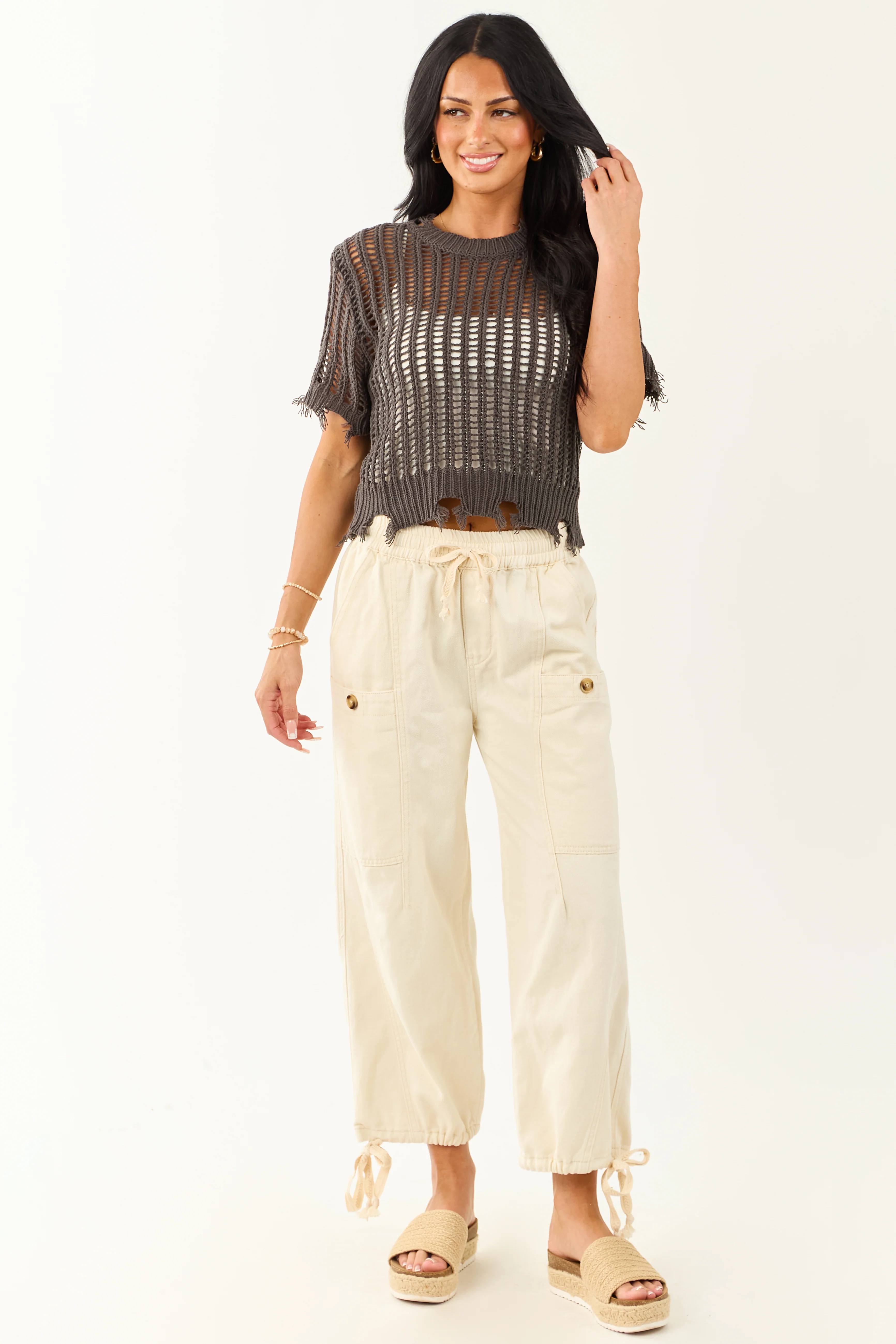 Charcoal Crochet Distressed Short Sleeve Top - Image 2