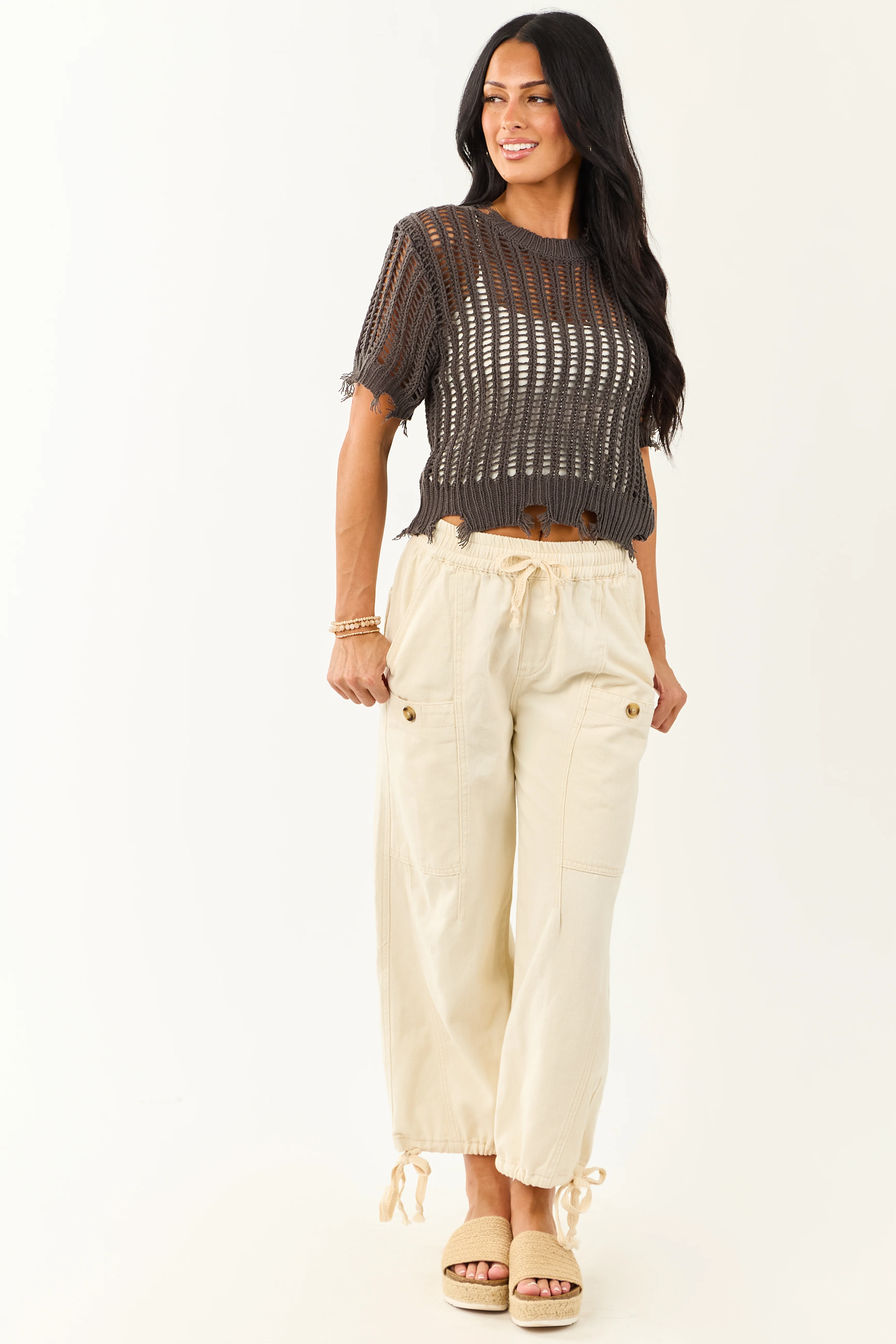 Charcoal Crochet Distressed Short Sleeve Top - Image 3