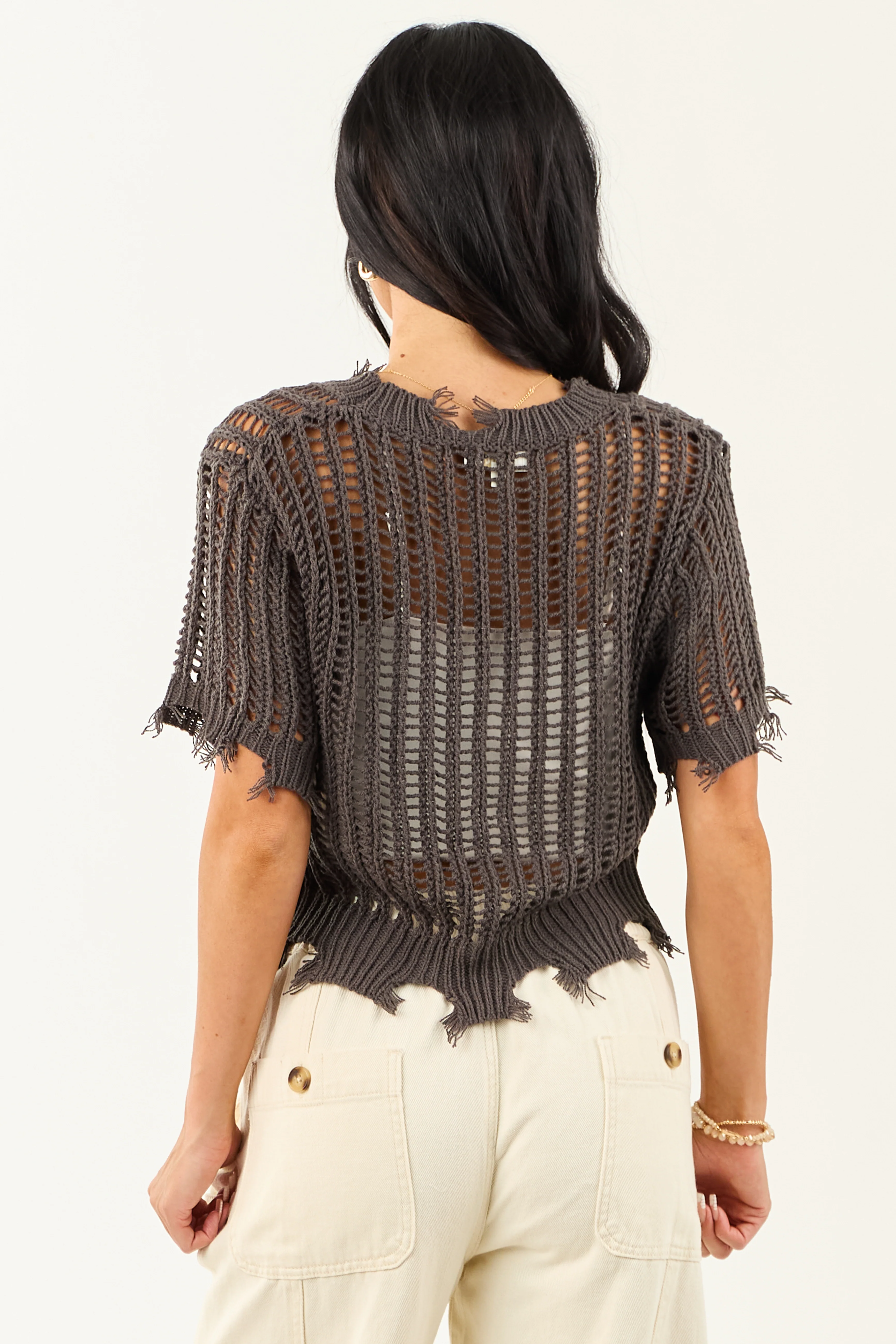Charcoal Crochet Distressed Short Sleeve Top - Image 6