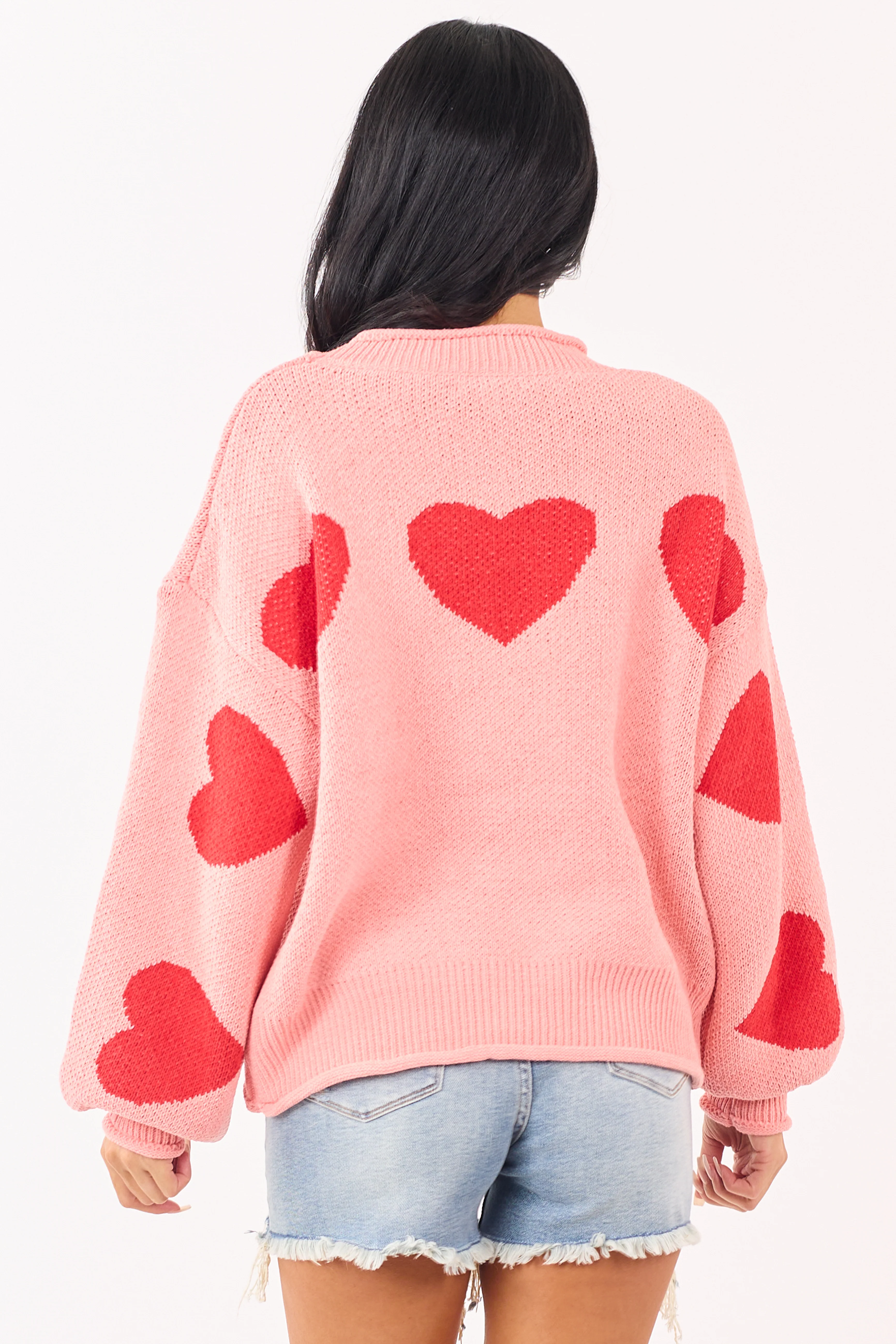 Mello Coral Heart Graphic Puff Sleeve Sweater - Image 6