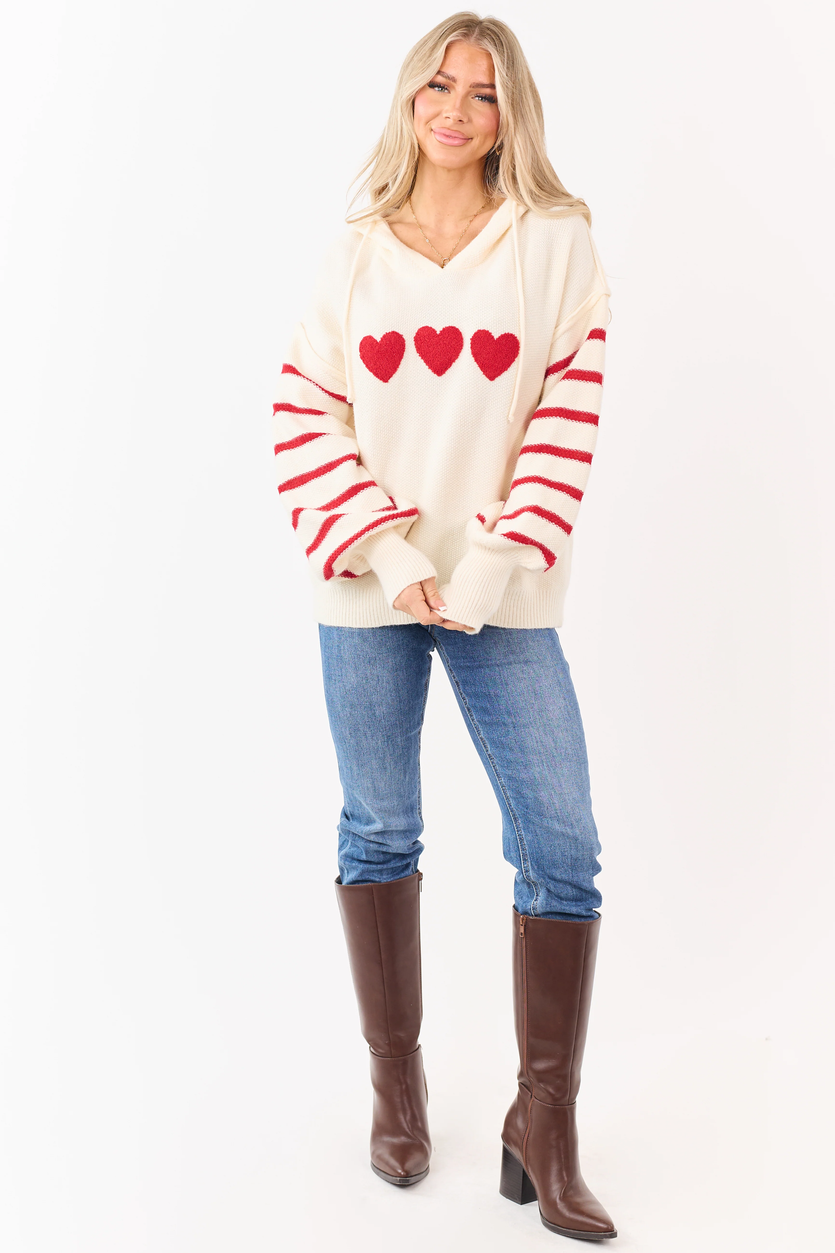 Mello Cream Heart Patch Stripe Sleeve Hooded Sweater - Image 2