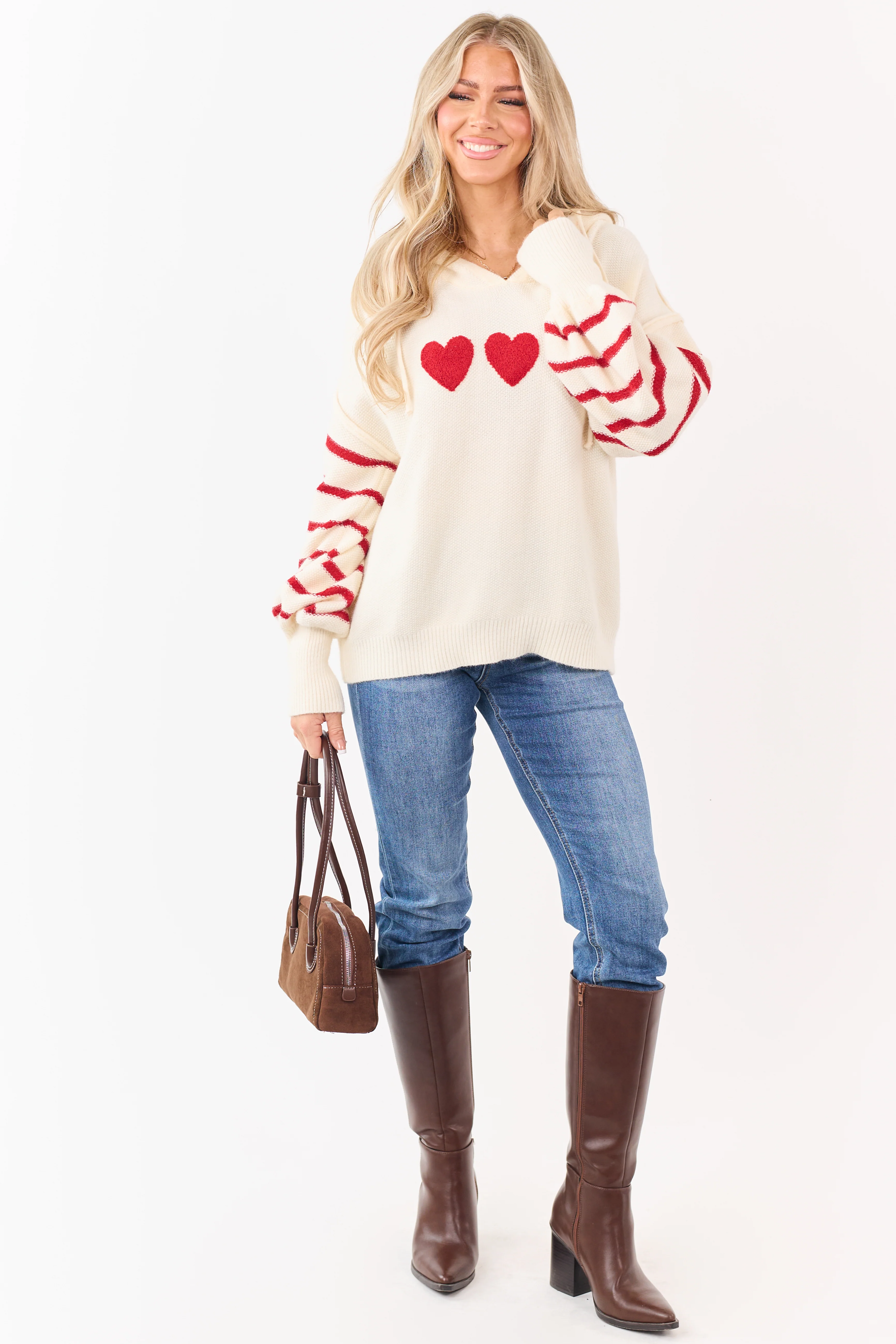 Mello Cream Heart Patch Stripe Sleeve Hooded Sweater - Image 3