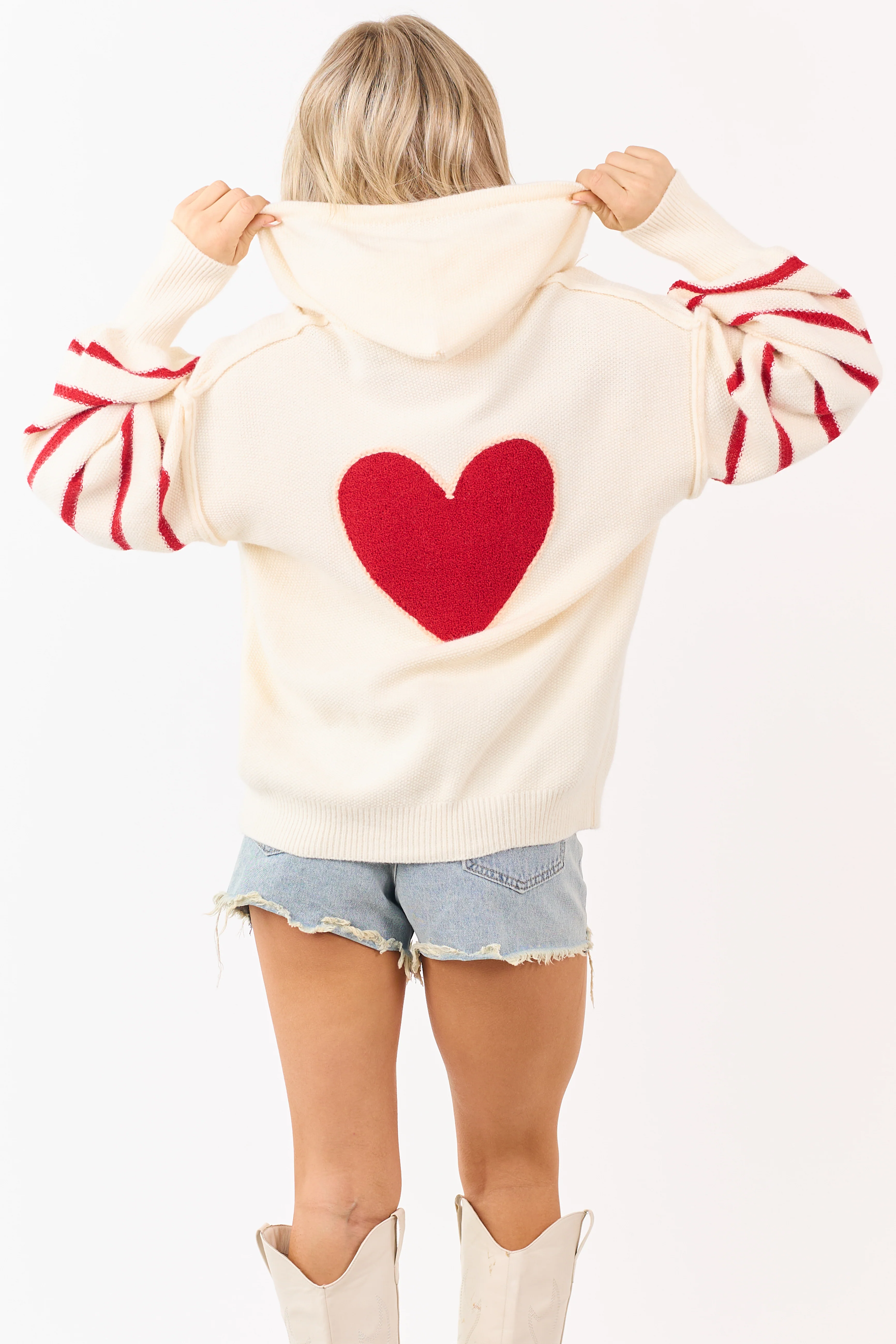 Mello Cream Heart Patch Stripe Sleeve Hooded Sweater - Image 7
