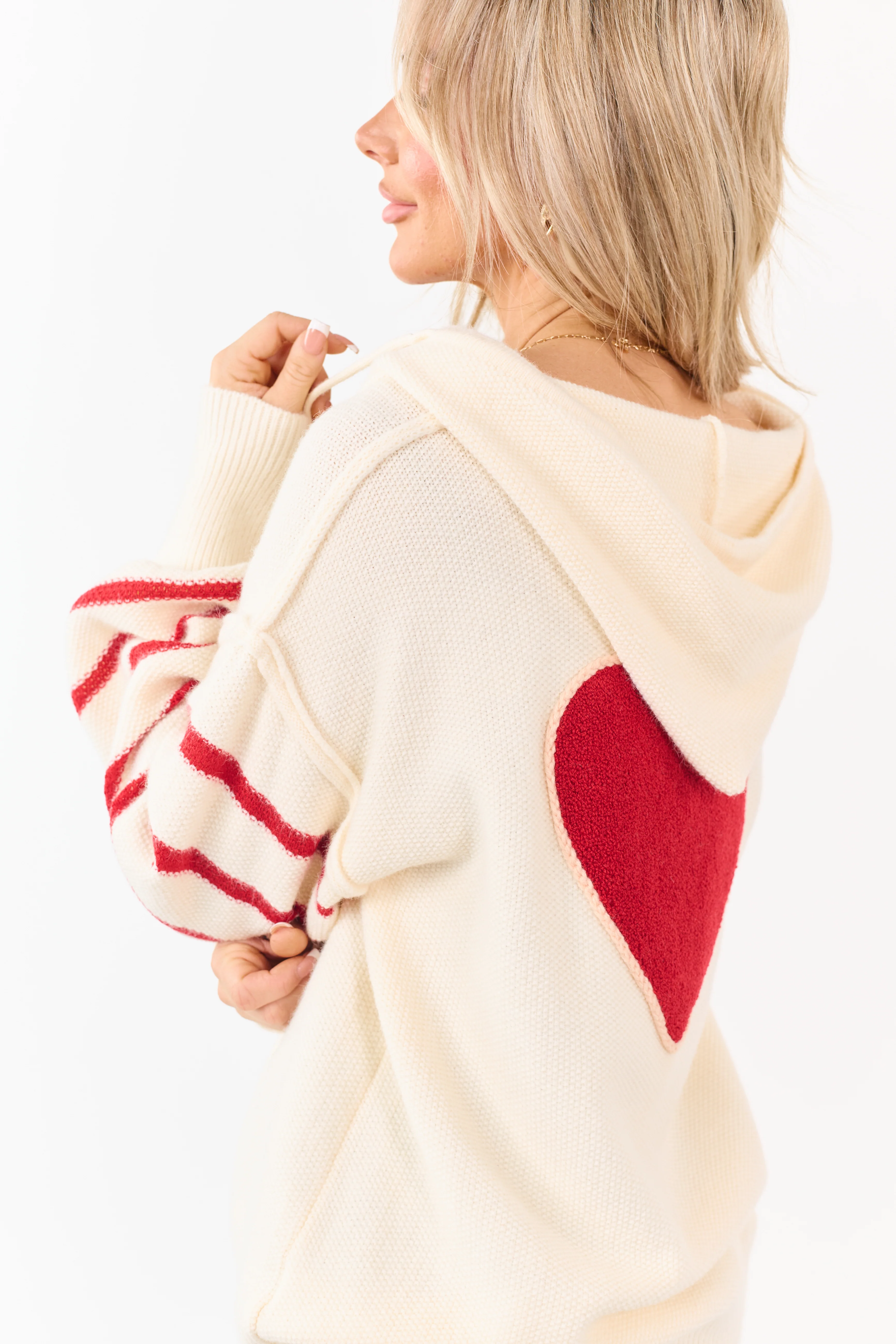 Mello Cream Heart Patch Stripe Sleeve Hooded Sweater - Image 8