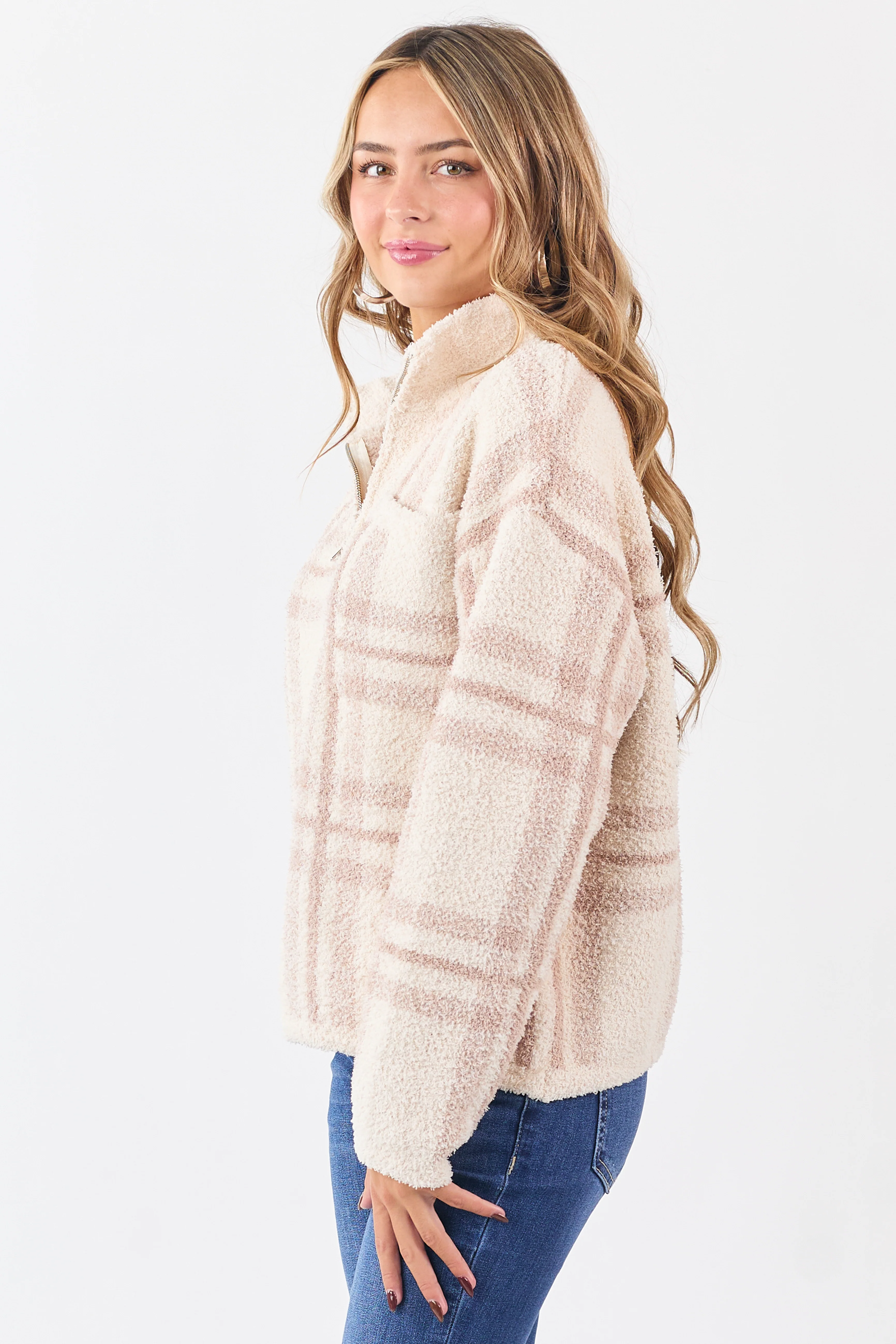 Mello Vanilla Plaid Knit Quarter Zip Pullover Sweater - Image 3