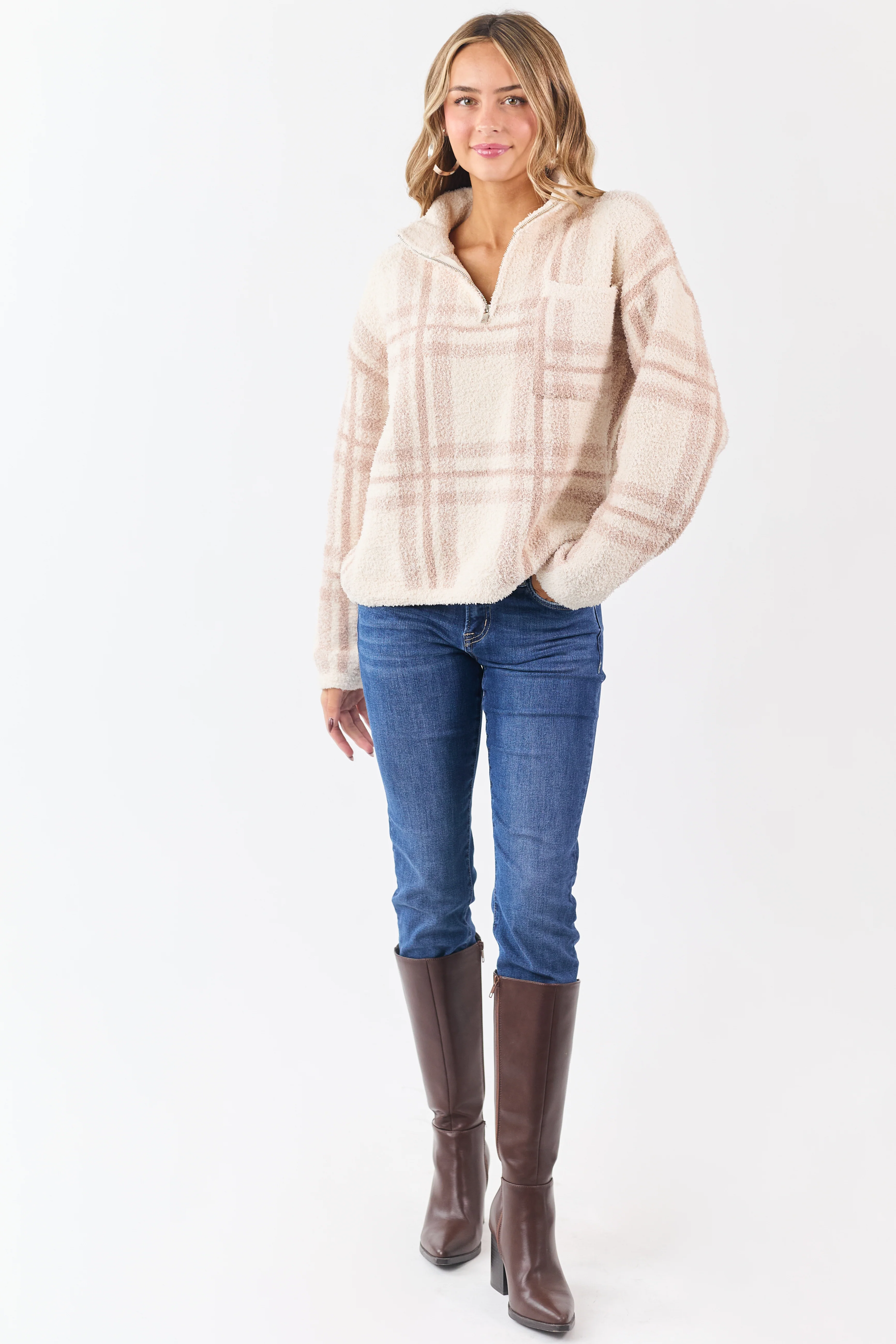 Mello Vanilla Plaid Knit Quarter Zip Pullover Sweater - Image 6