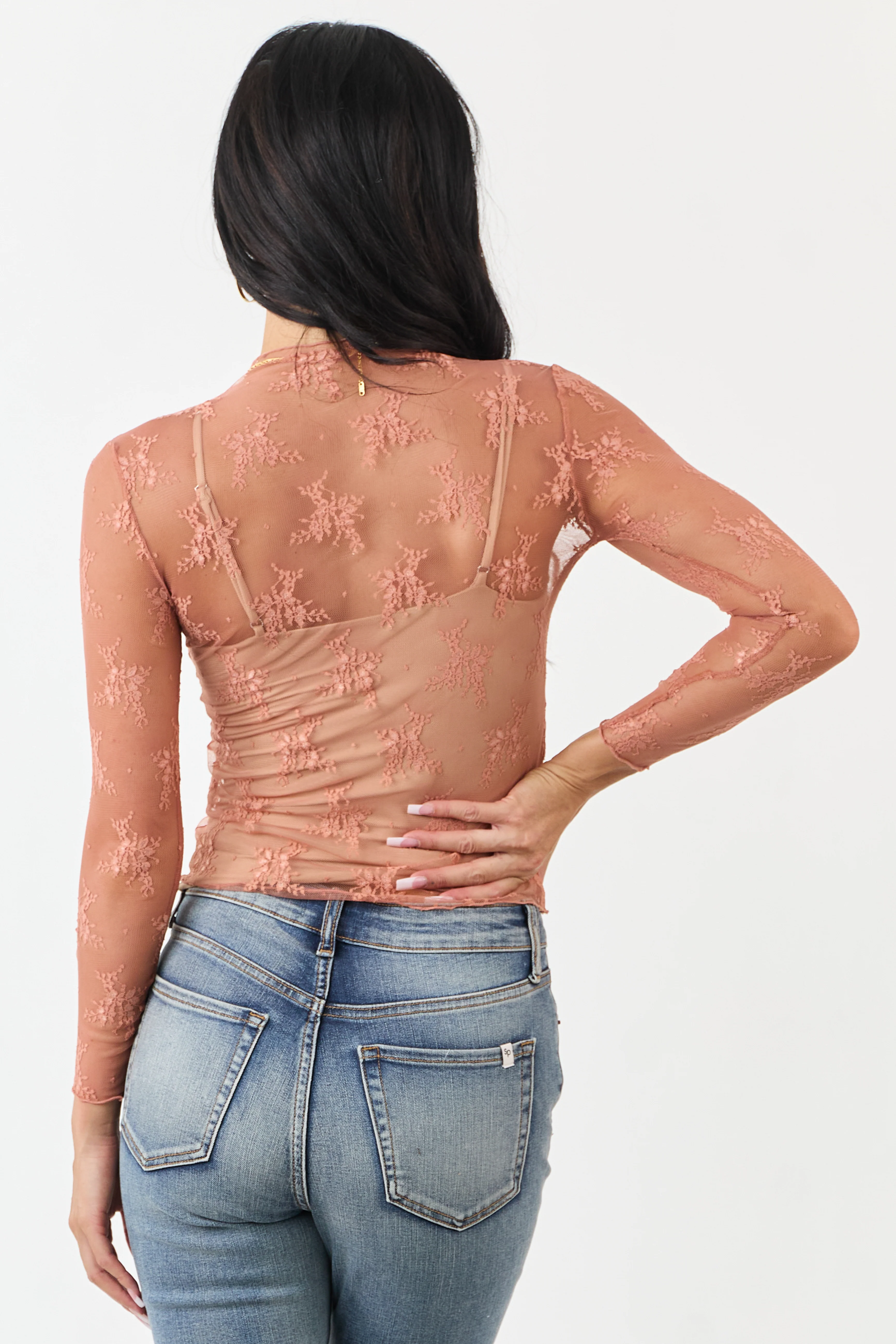 Melon Floral Mesh Lace Long Sleeve Top - Image 5