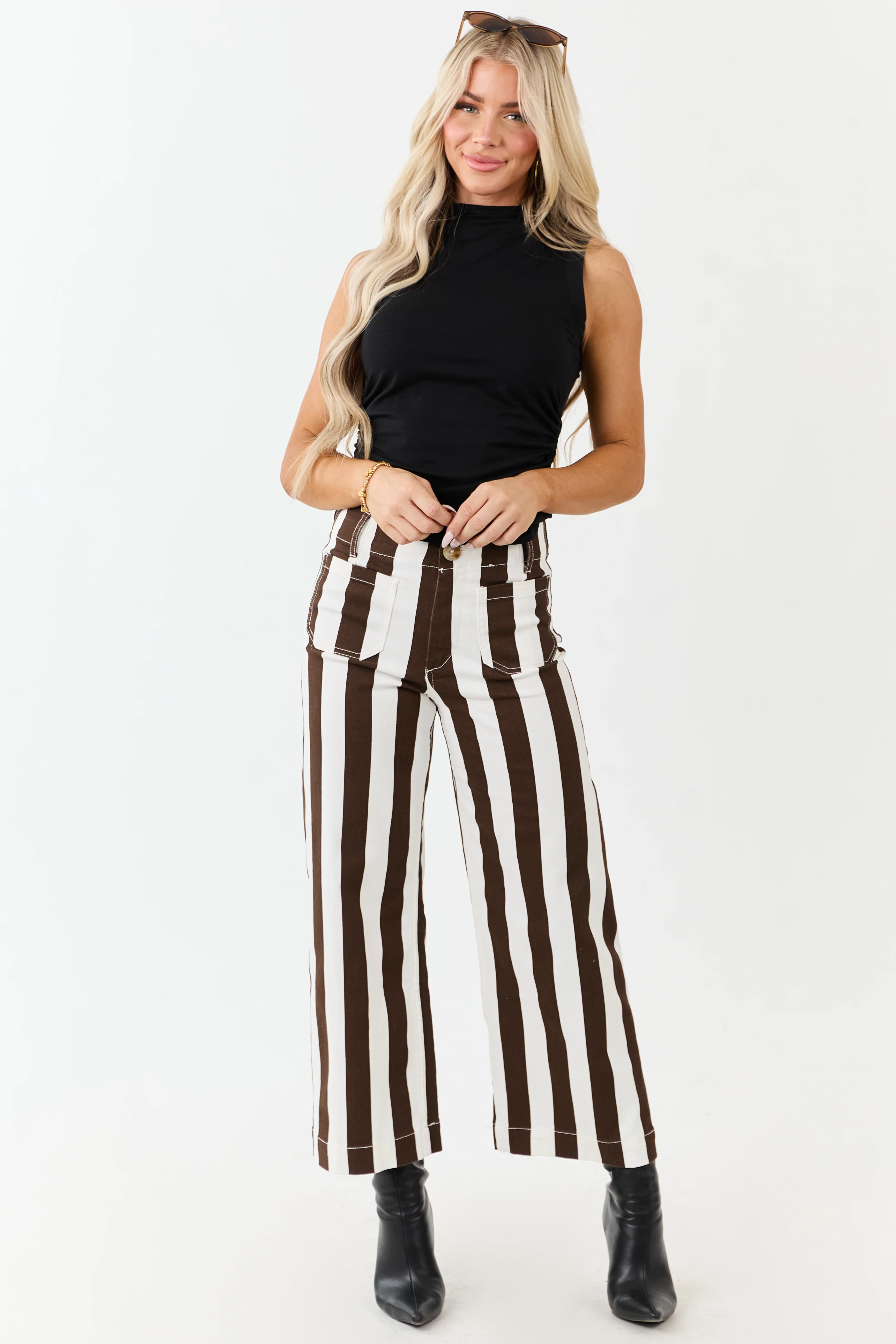 Mica Denim Cocoa Striped Wide Stretchy Crop Jeans - Image 7