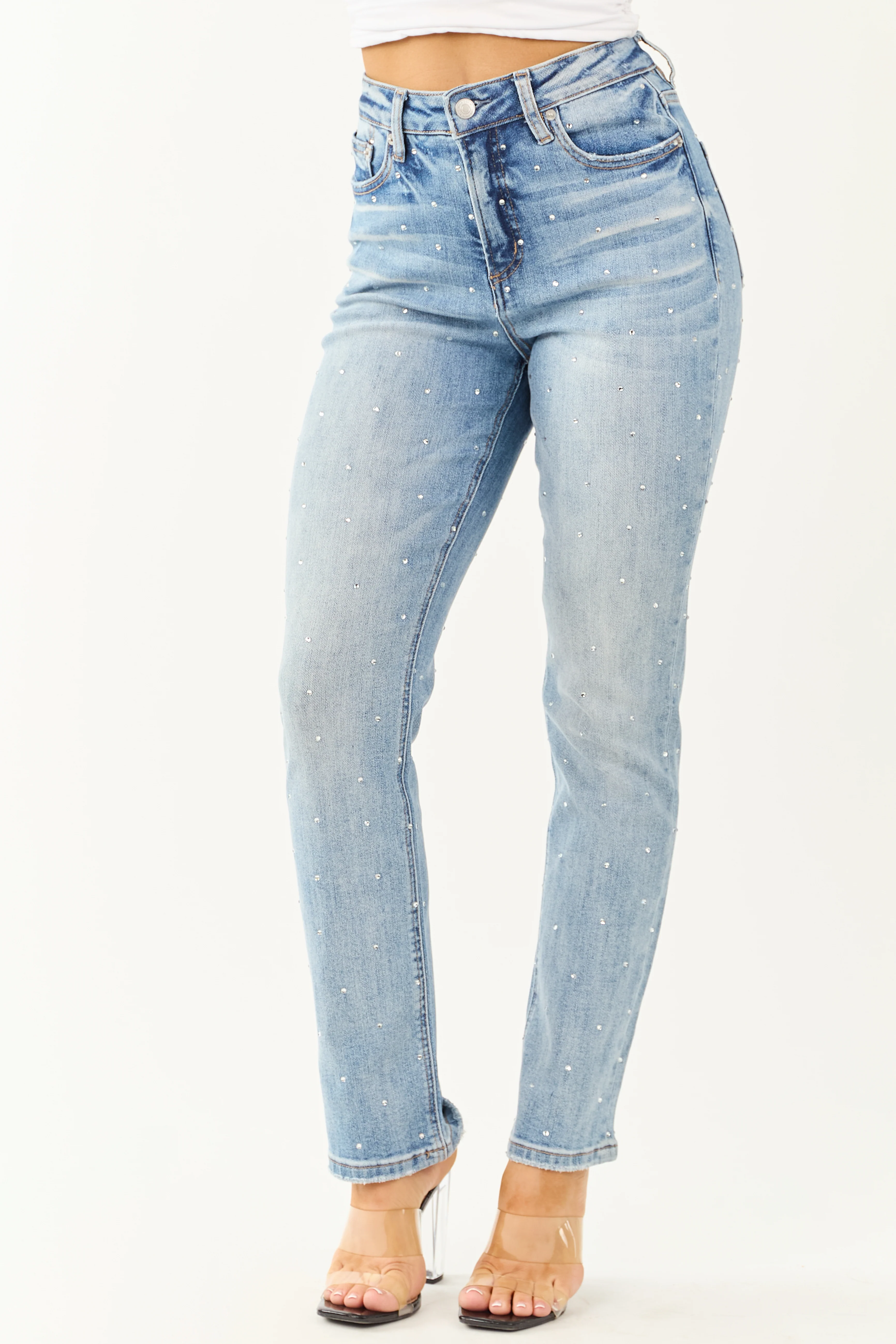 Mica Denim Light Rhinestone Stretchy Straight Jeans - Image 2