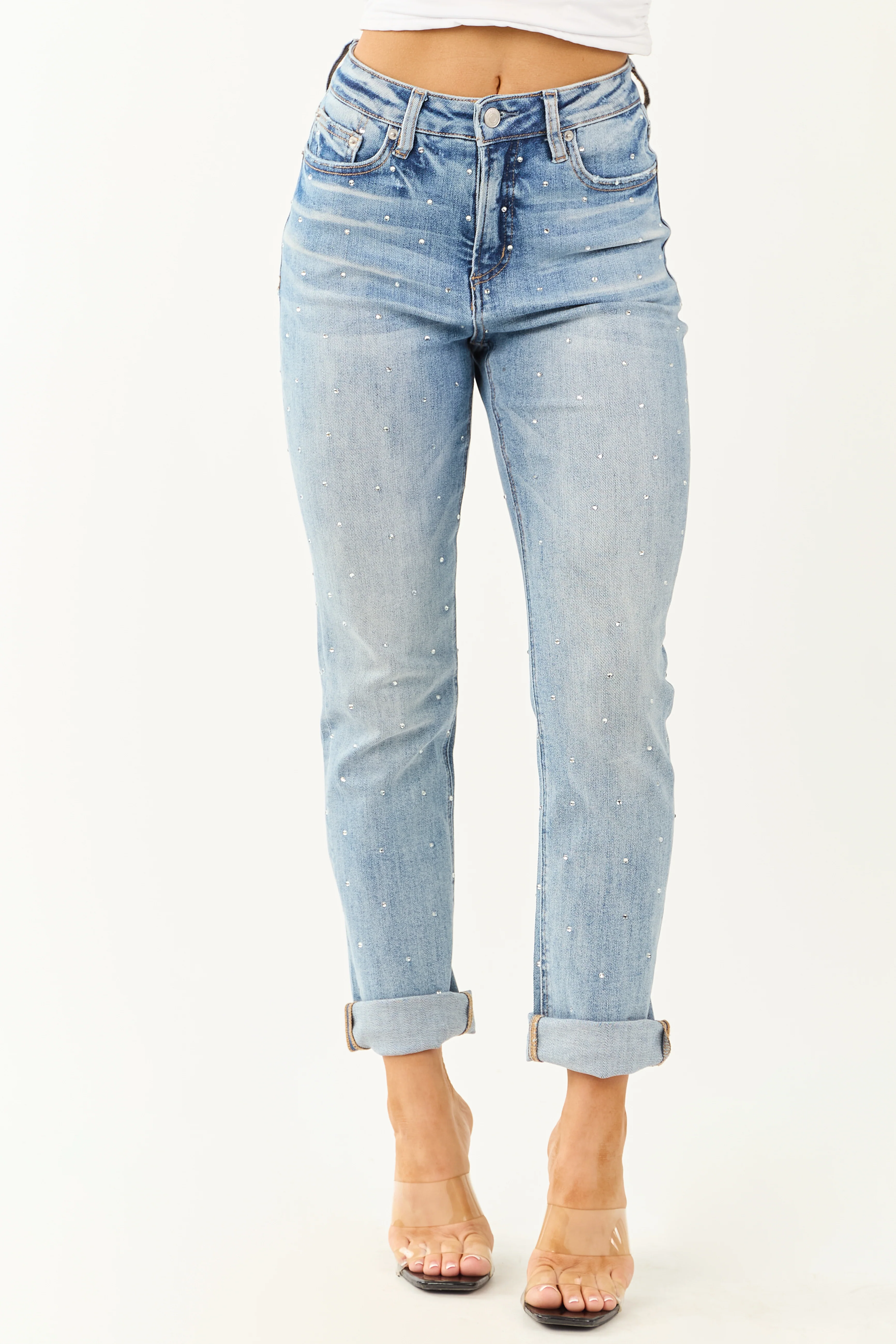 Mica Denim Light Rhinestone Stretchy Straight Jeans - Image 4