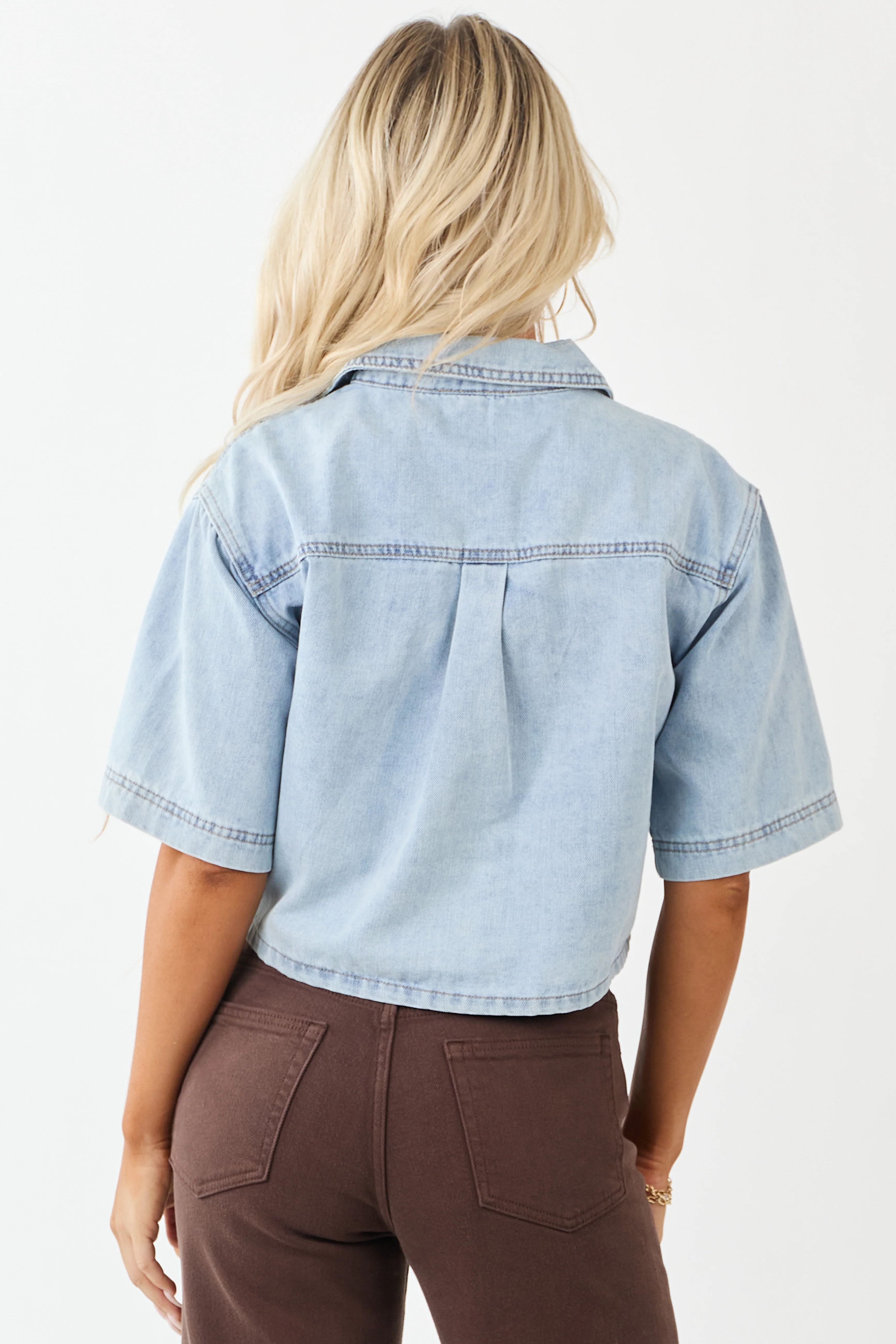 Mica Denim Light Wash Button Down Half Sleeve Top - Image 5