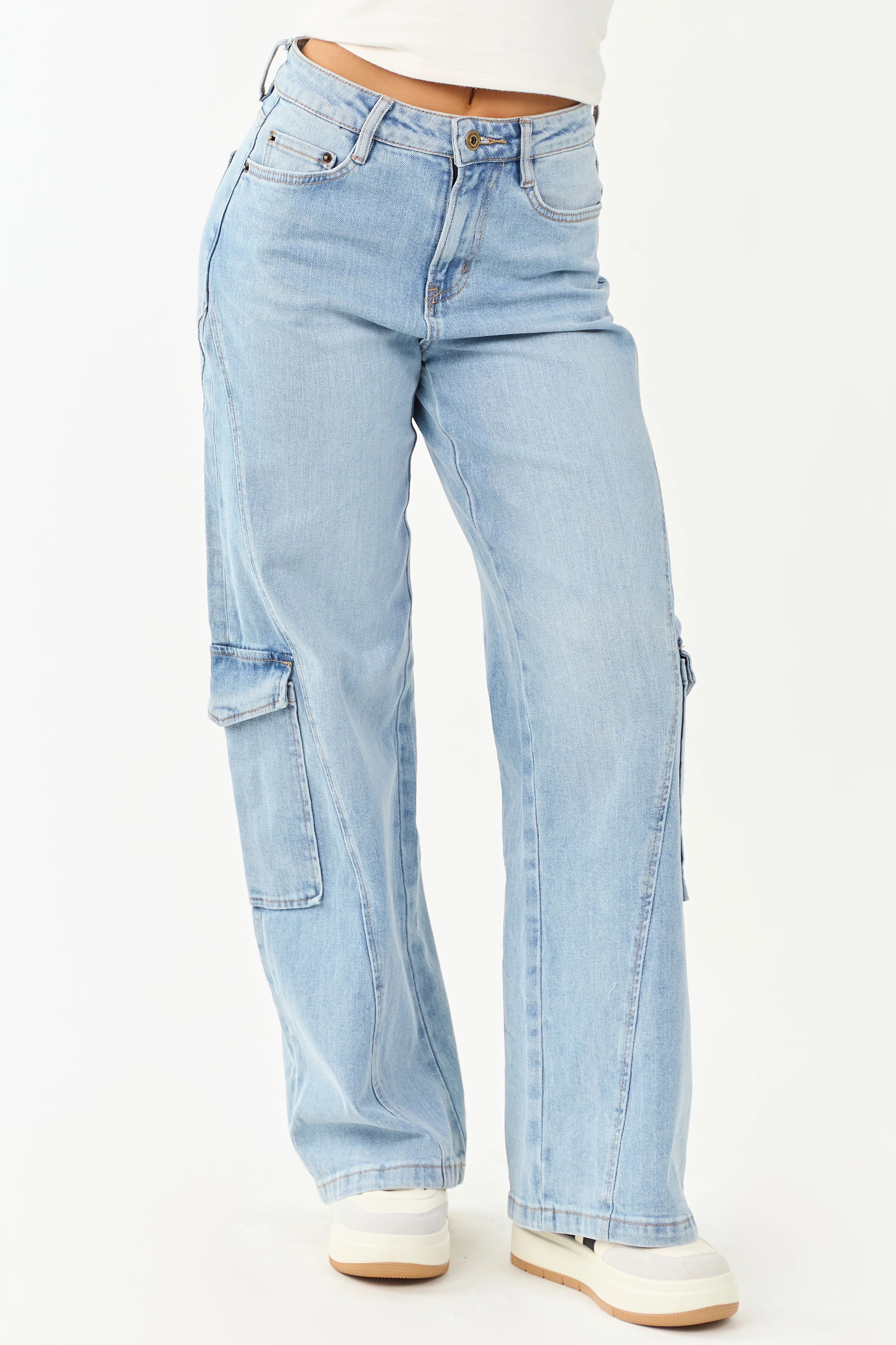 Mica Denim Light Wash Wide Leg Cargo Jeans - Image 2
