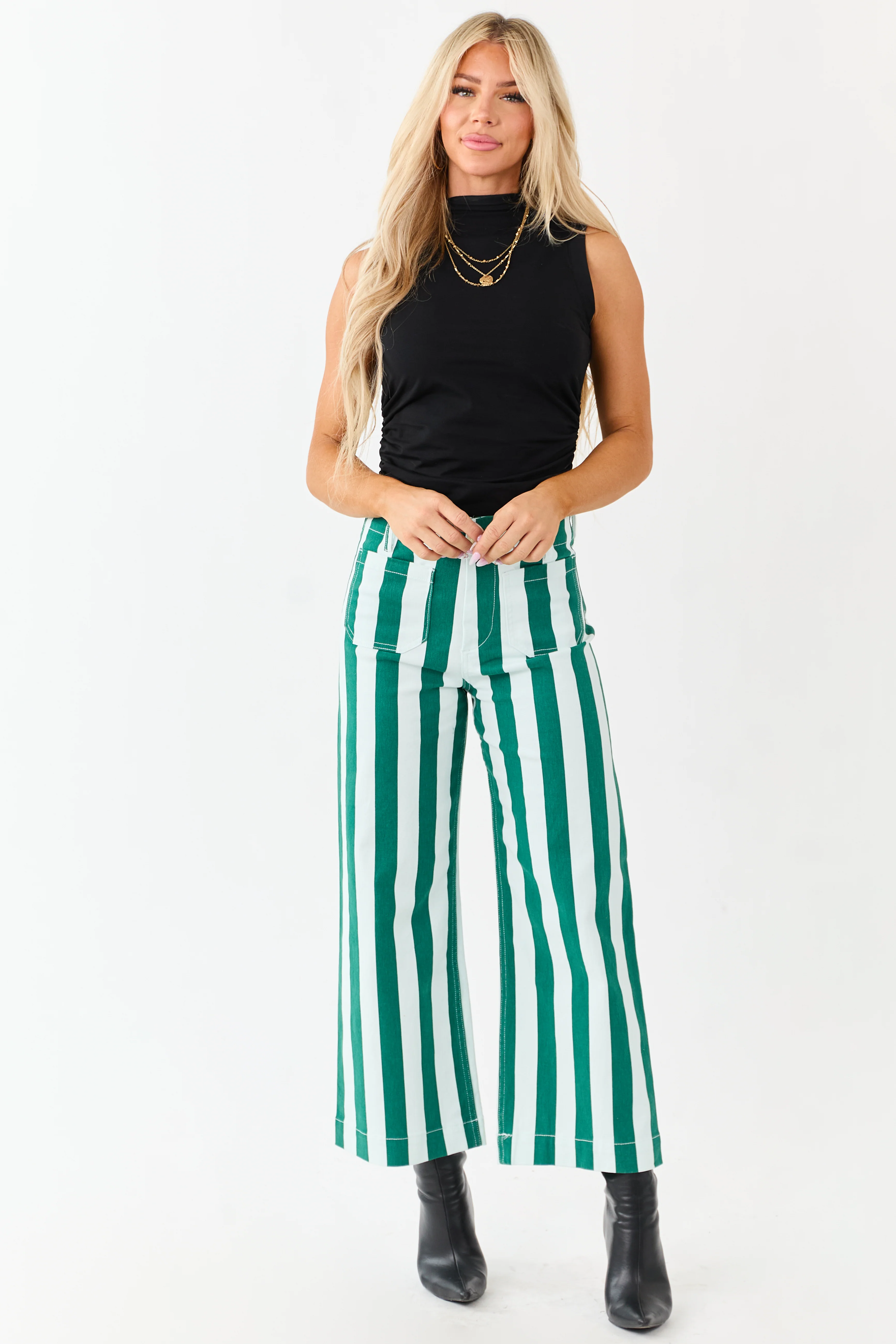 Mica Denim Mint Striped Wide Stretchy Crop Jeans - Image 2