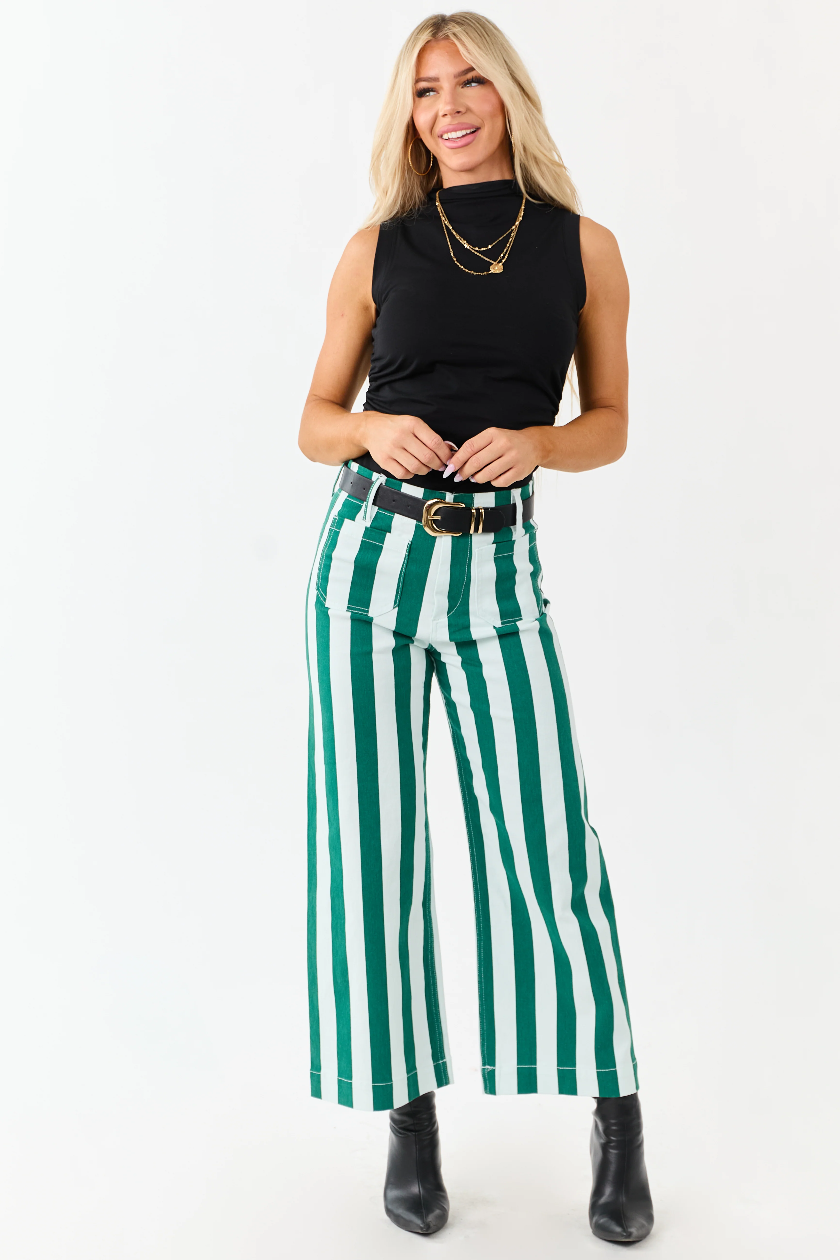 Mica Denim Mint Striped Wide Stretchy Crop Jeans - Image 5