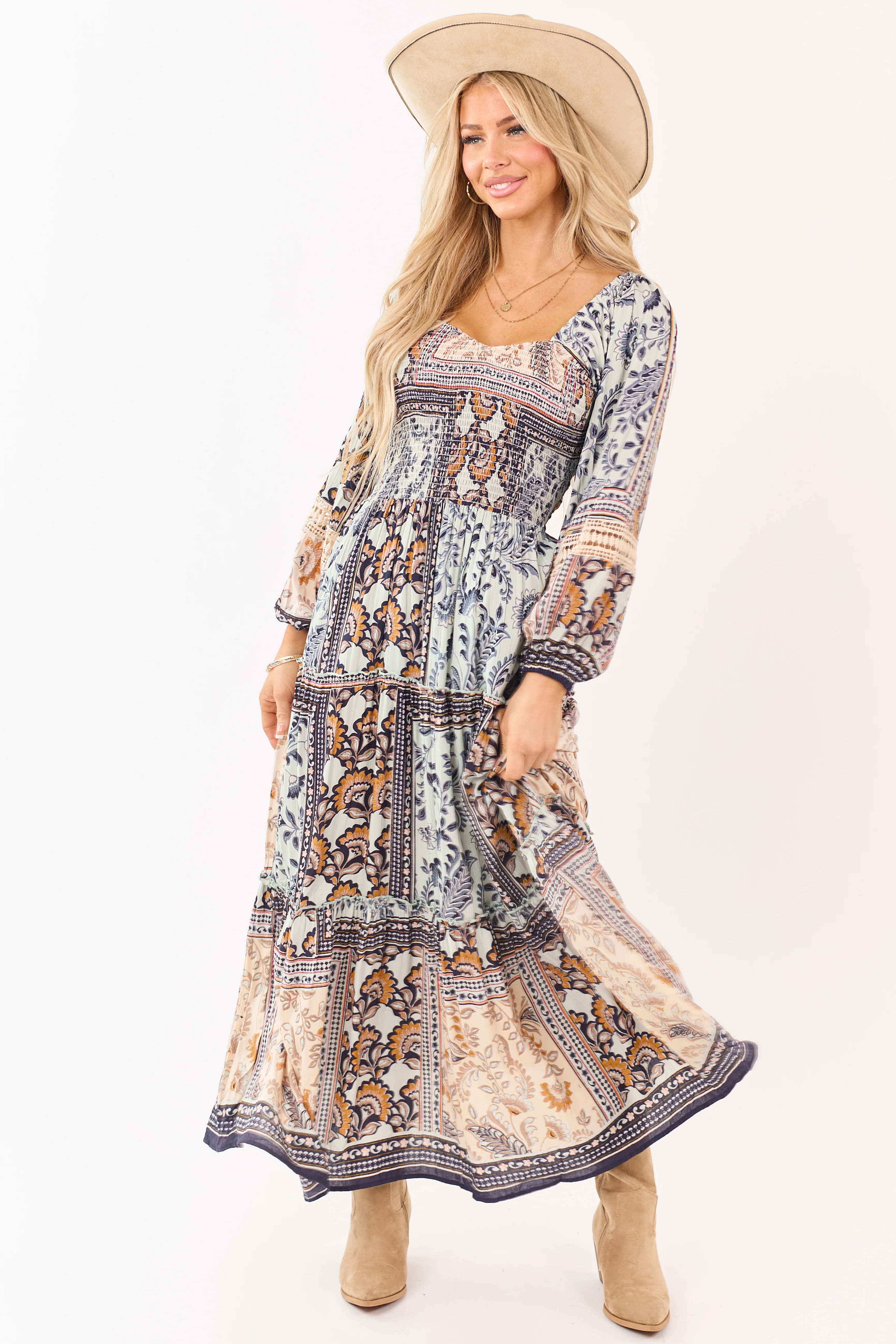 Mint Boho Tile Print Smocked Long Sleeve Maxi Dress - Image 2