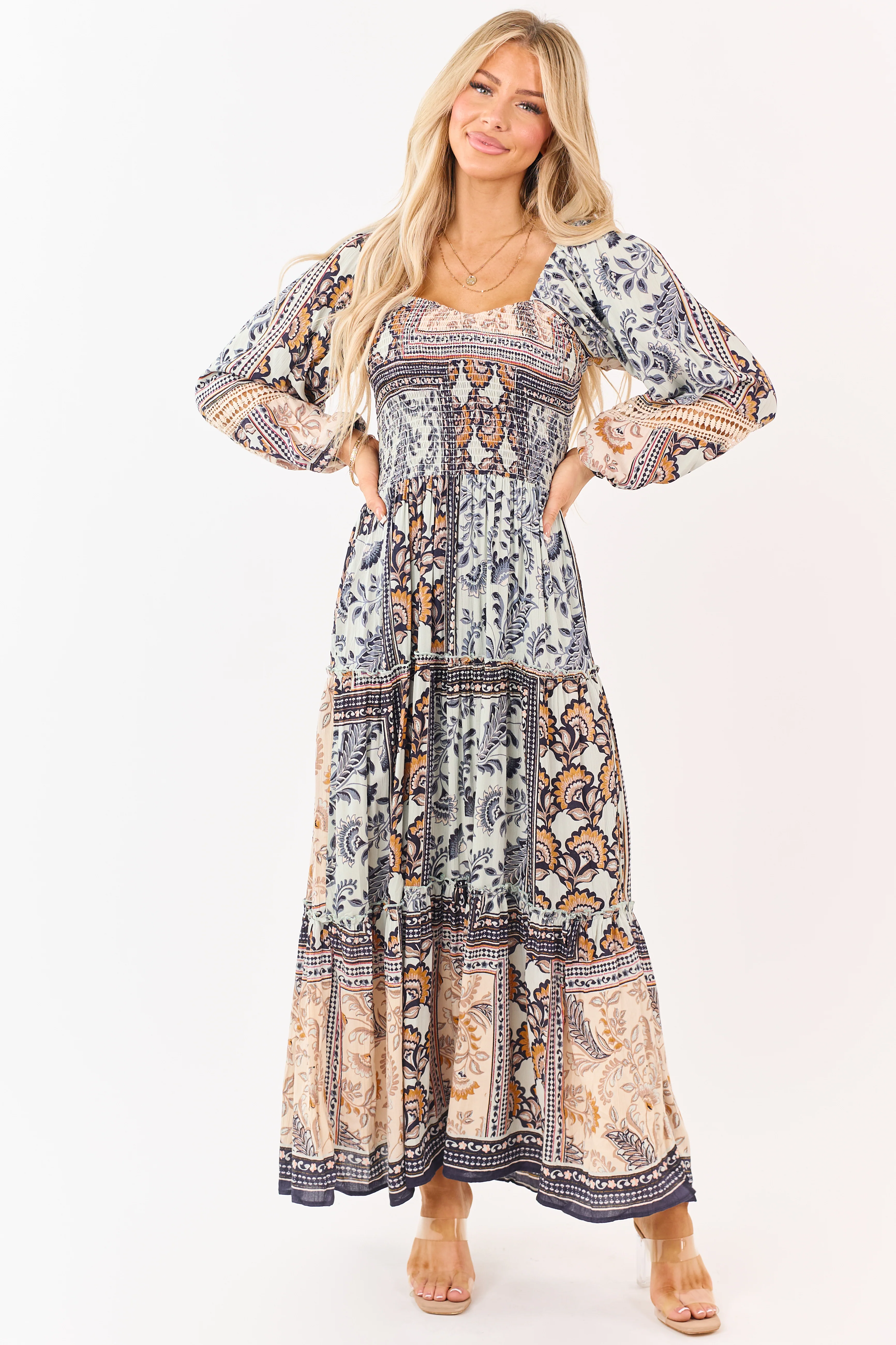 Mint Boho Tile Print Smocked Long Sleeve Maxi Dress - Image 3