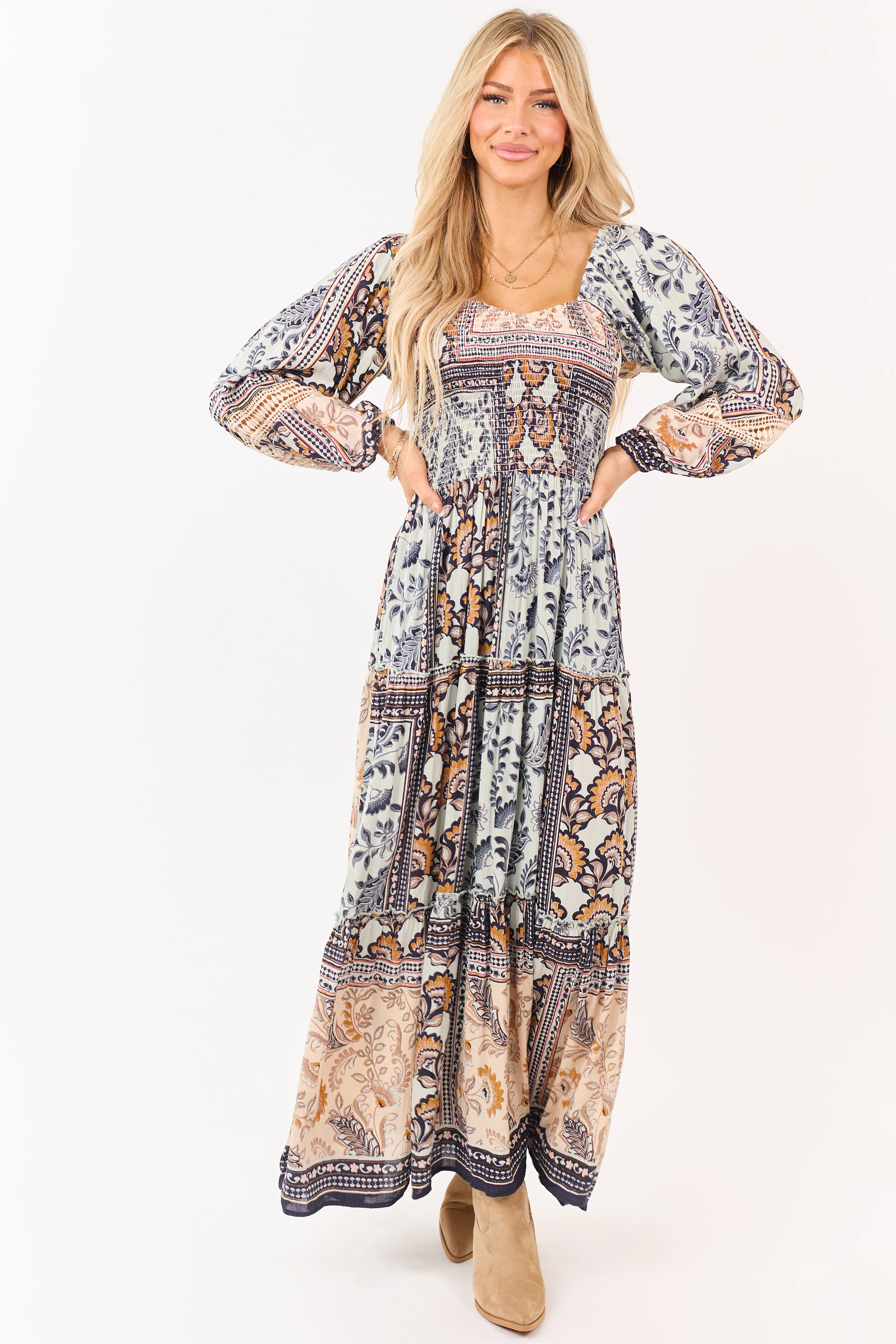 Mint Boho Tile Print Smocked Long Sleeve Maxi Dress - Image 4