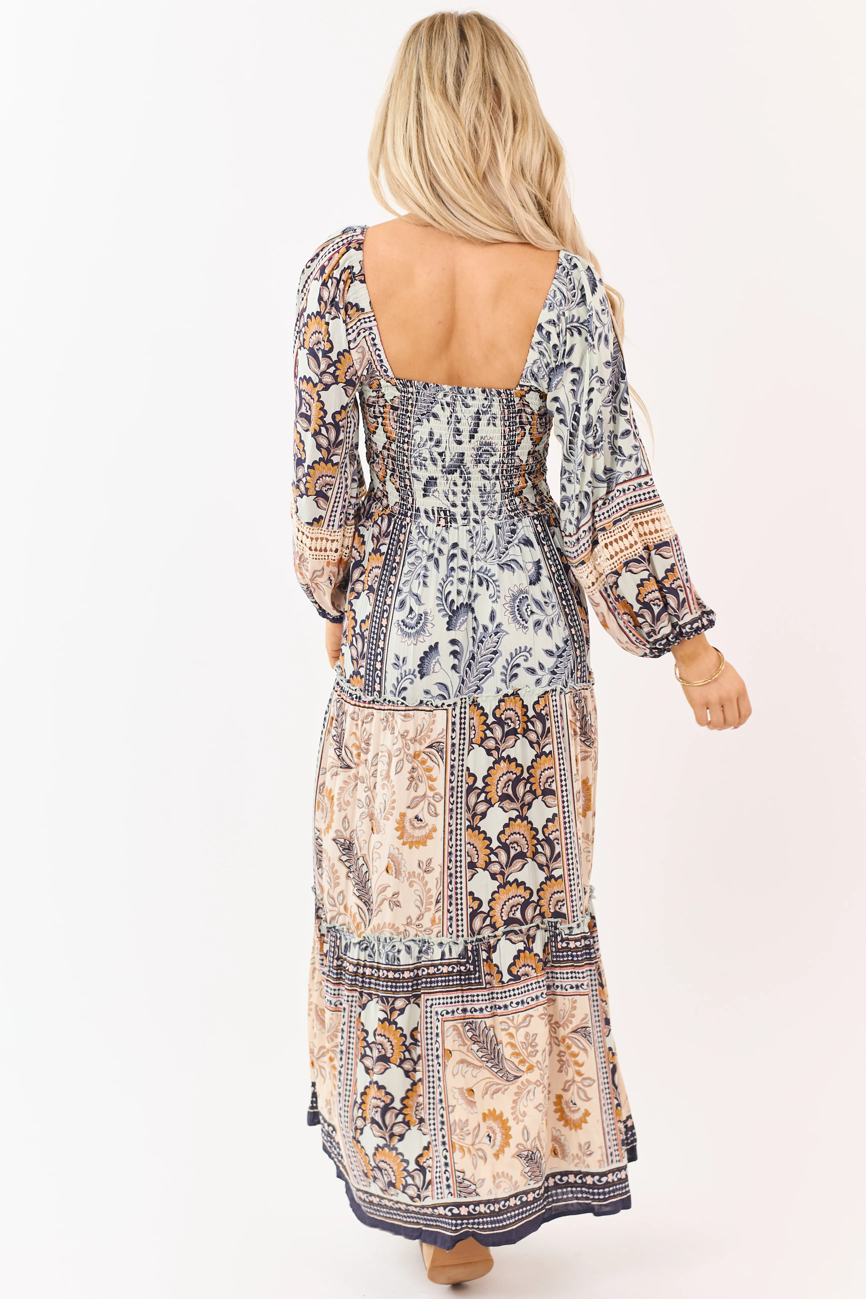 Mint Boho Tile Print Smocked Long Sleeve Maxi Dress - Image 7