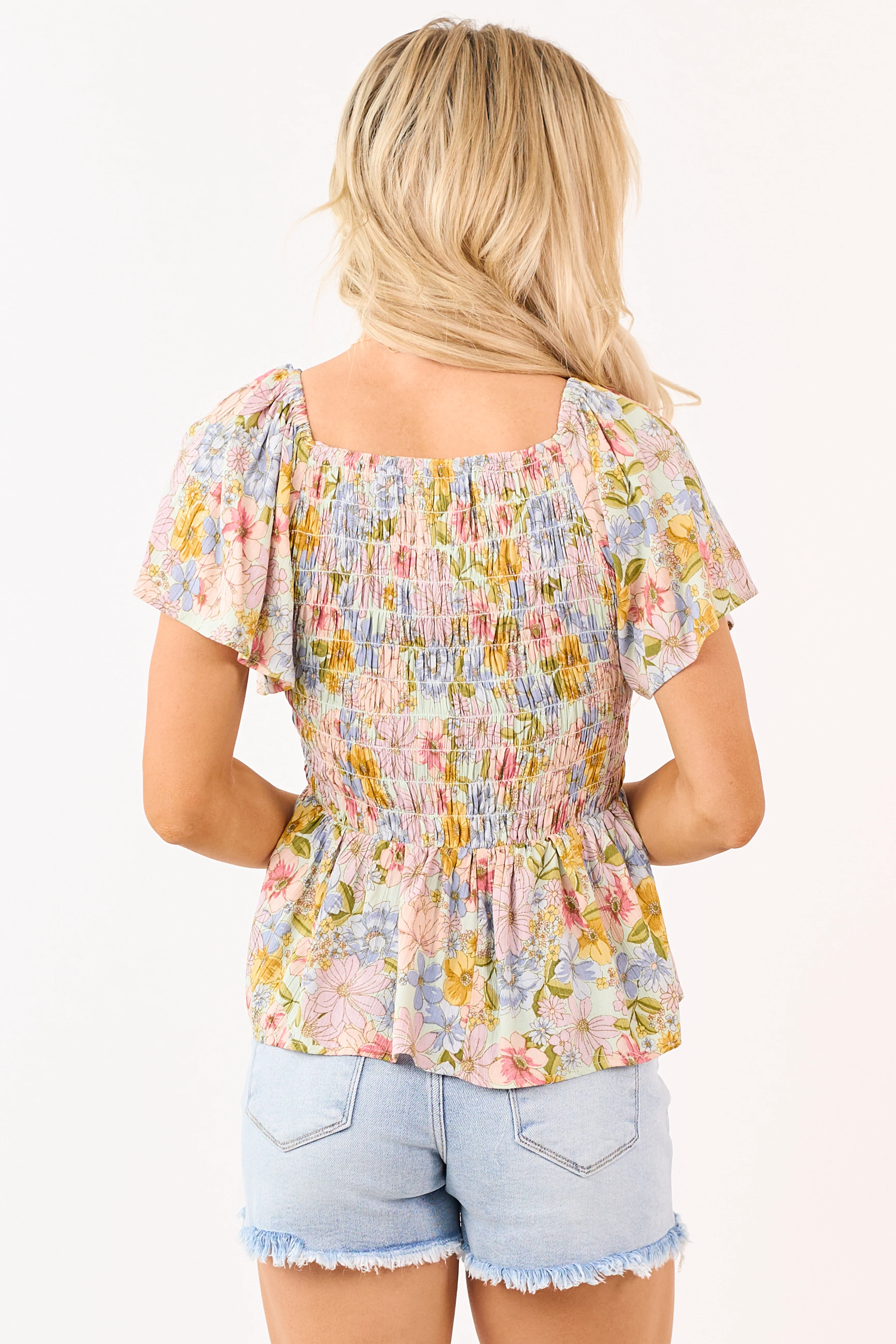 Mint Floral Print Flutter Sleeve Peplum Top - Image 5