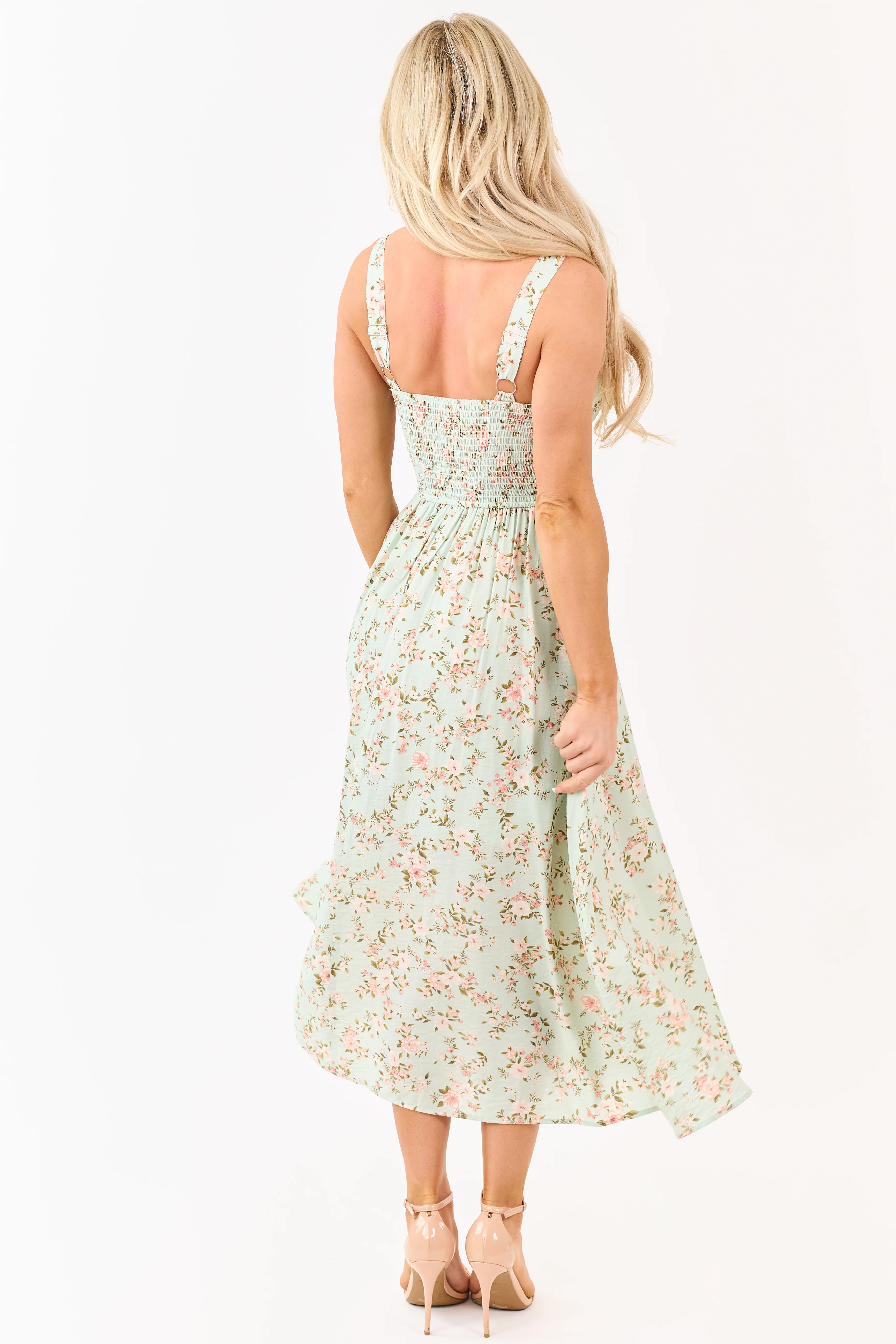 Mint Floral Print Lace Trim Corset Style Midi Dress - Image 5