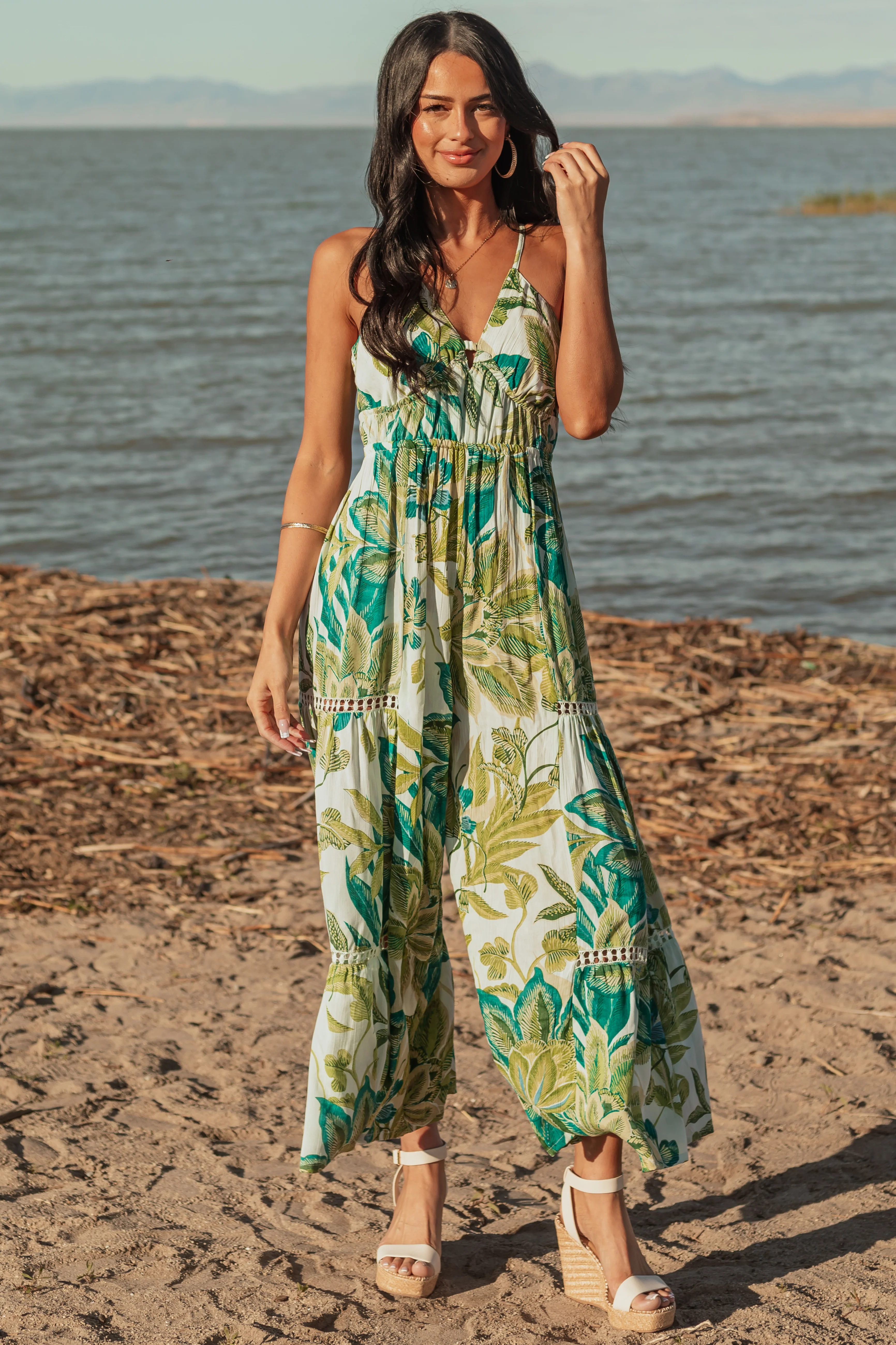 Mint Floral Print Open Back Flare Leg Jumpsuit - Image 2