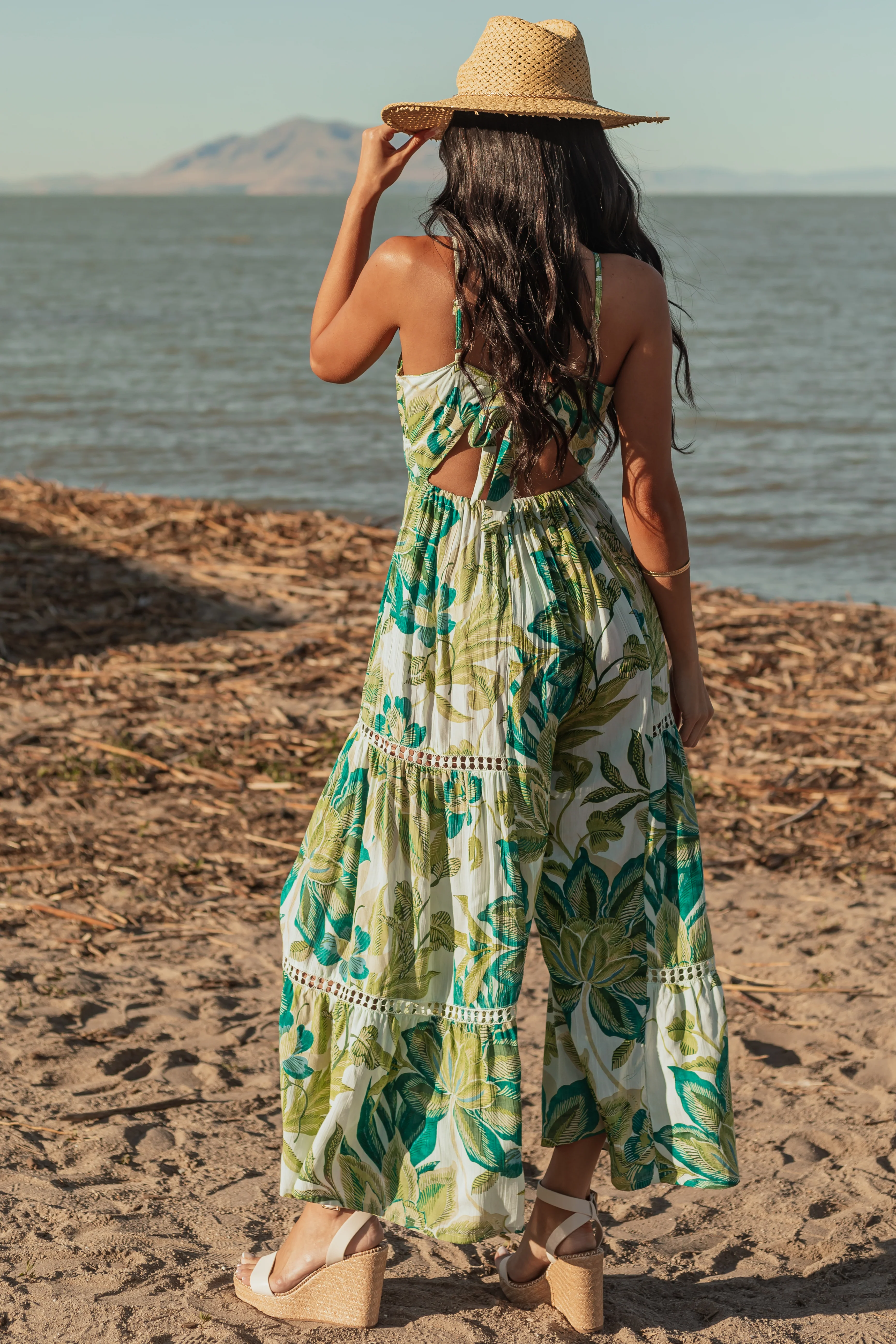 Mint Floral Print Open Back Flare Leg Jumpsuit - Image 4