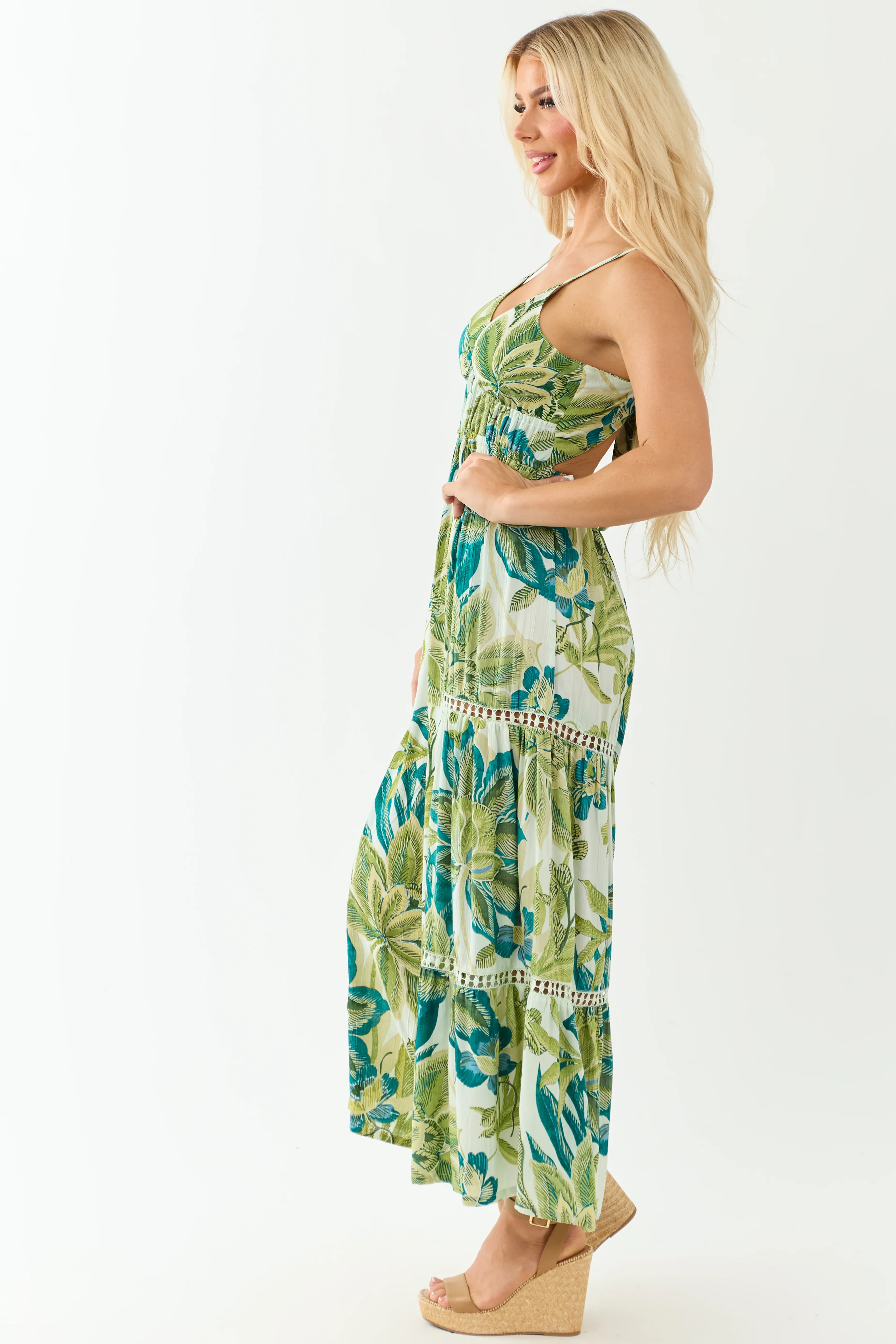Mint Floral Print Open Back Flare Leg Jumpsuit - Image 5