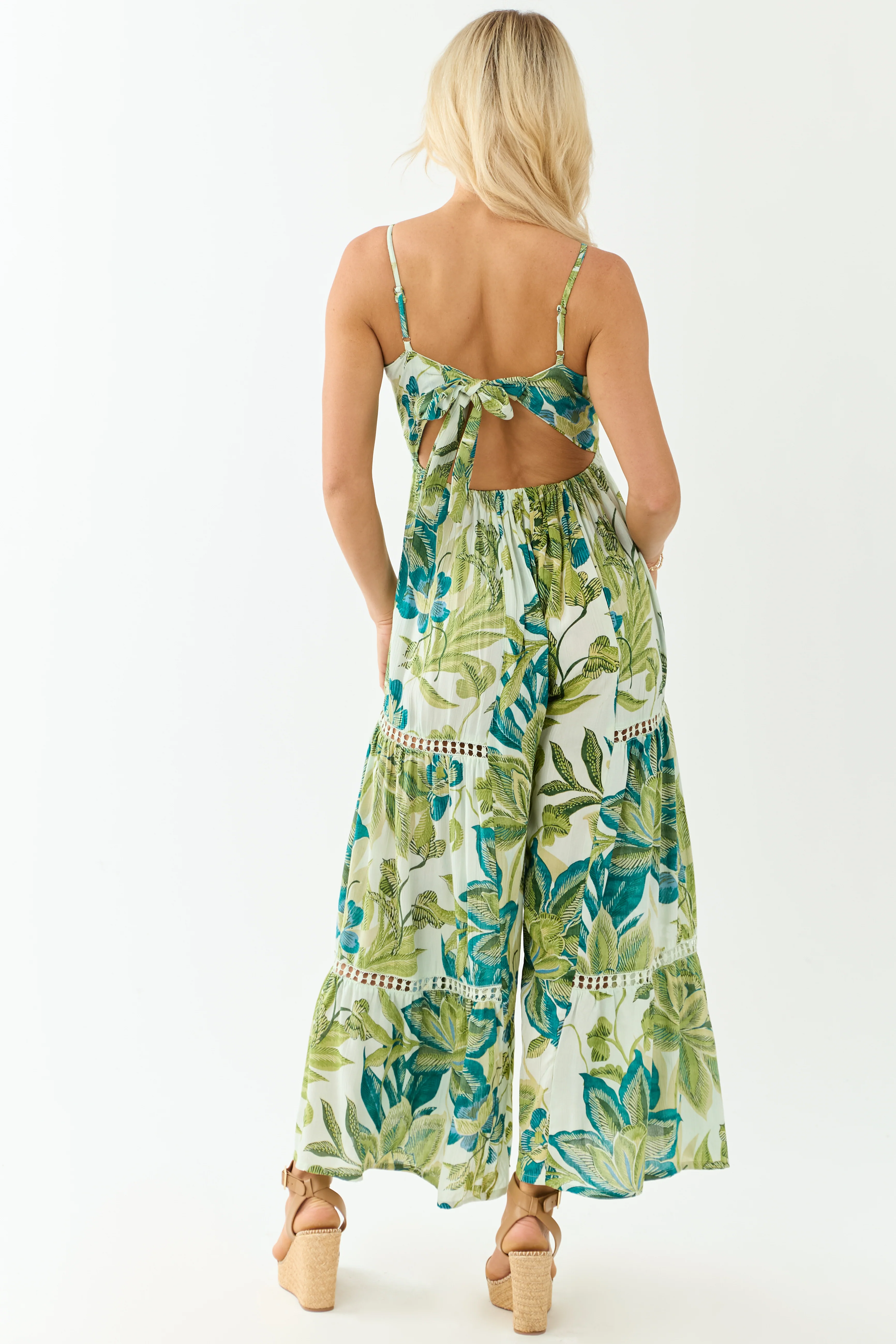 Mint Floral Print Open Back Flare Leg Jumpsuit - Image 6