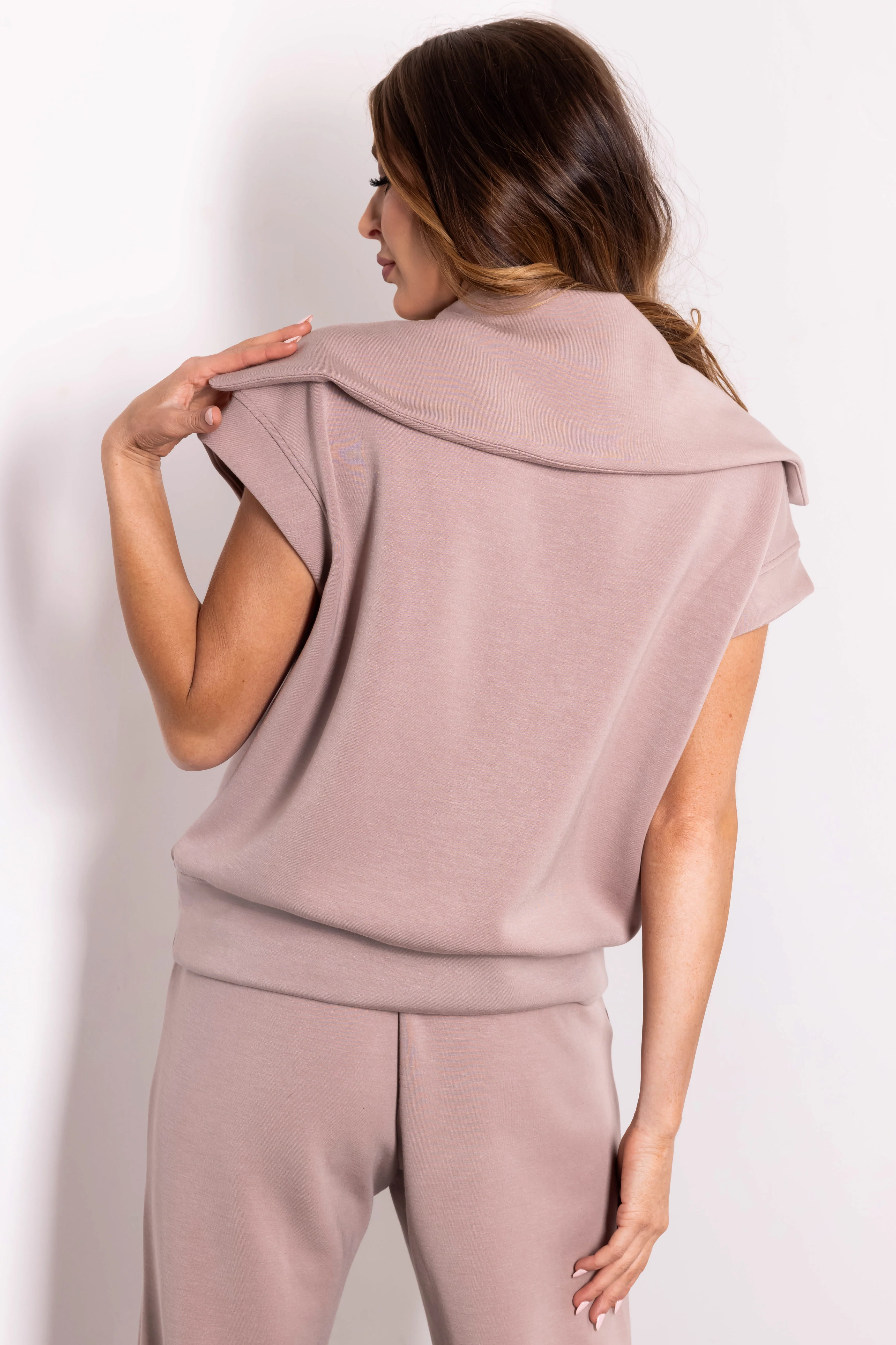 Mocha Half Zip Up Cap Sleeve Collared Soft Top - Image 4