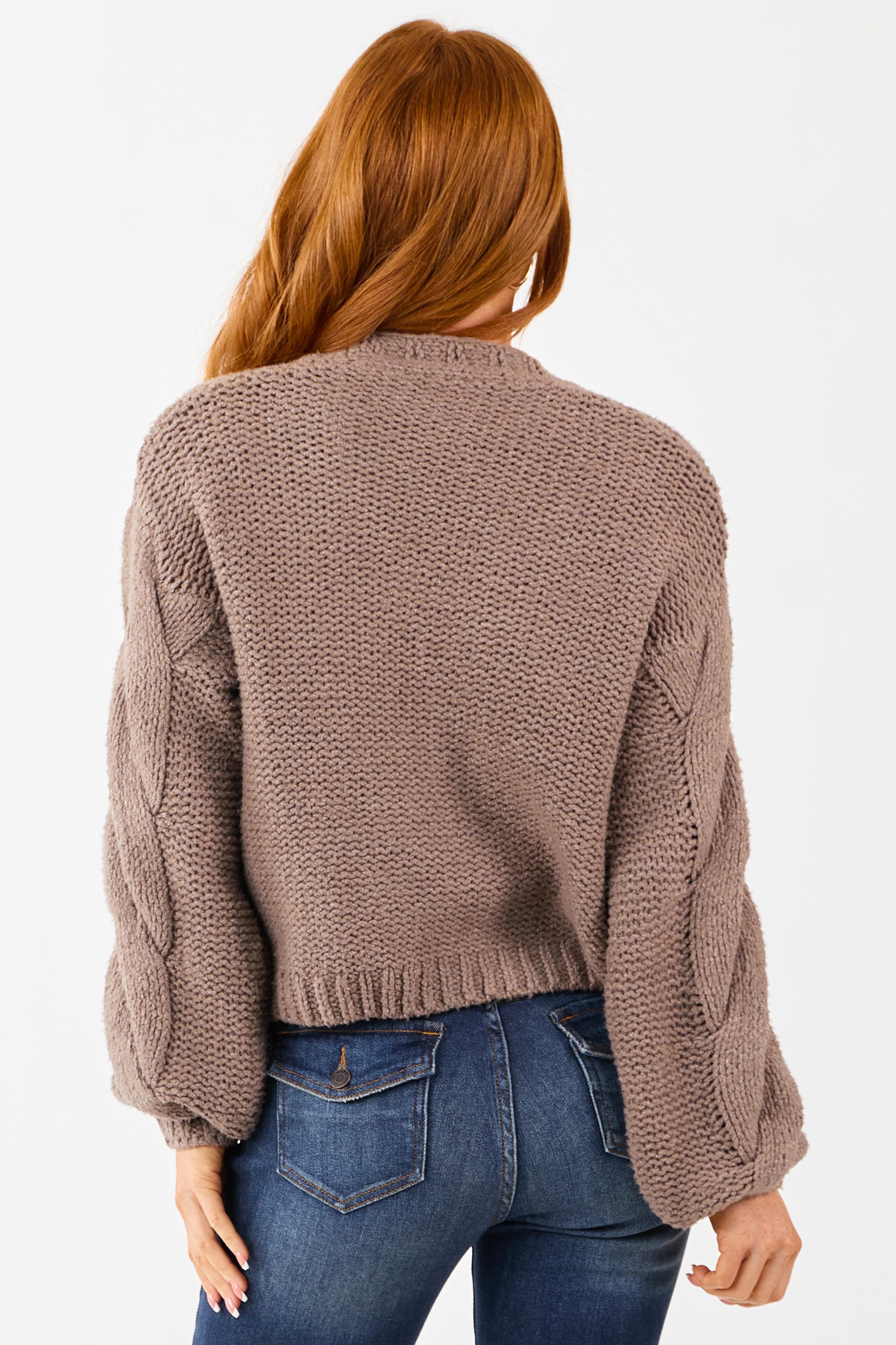 Mocha Soft Cable Knit Puff Sleeve Sweater Cardigan - Image 5