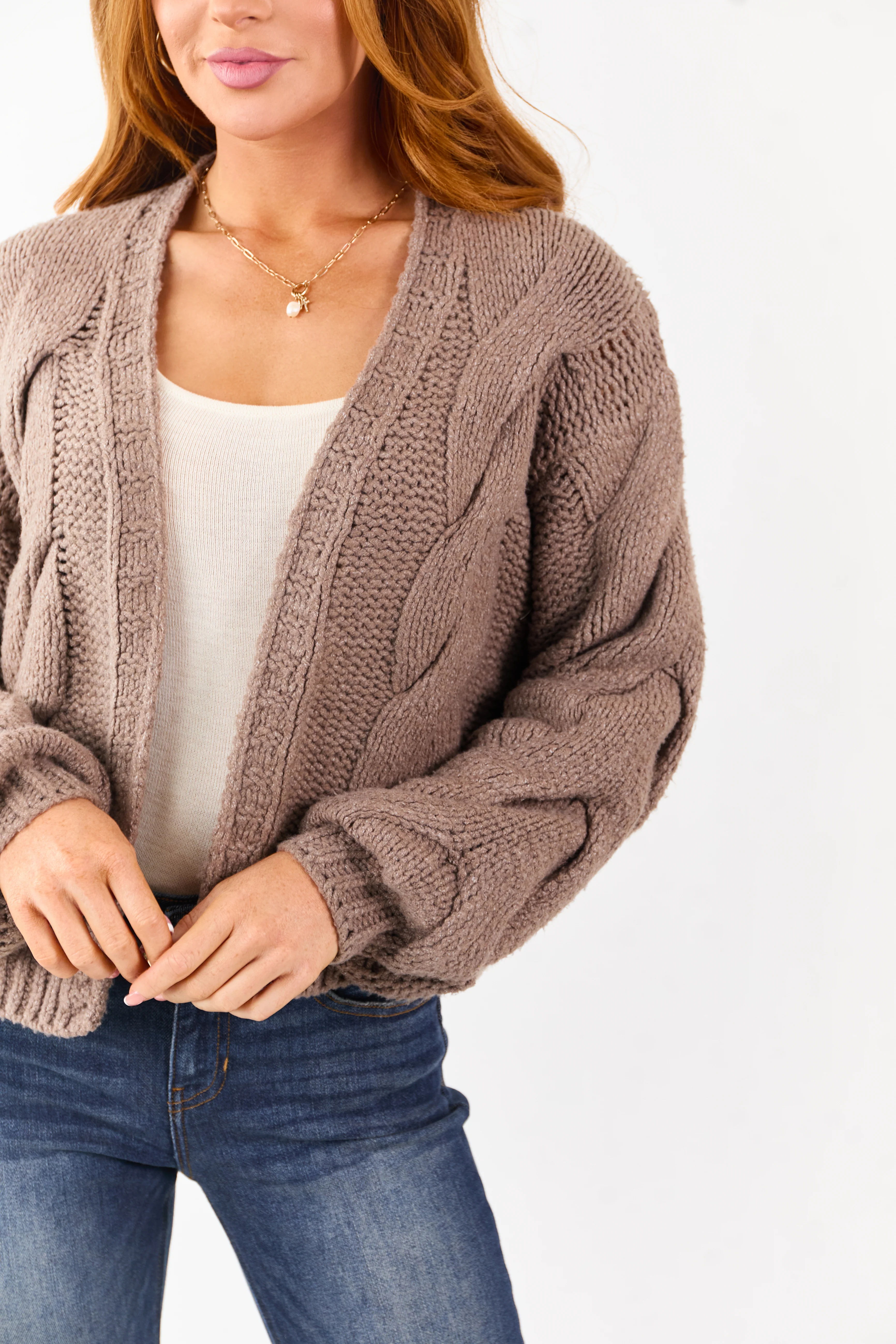 Mocha Soft Cable Knit Puff Sleeve Sweater Cardigan - Image 6