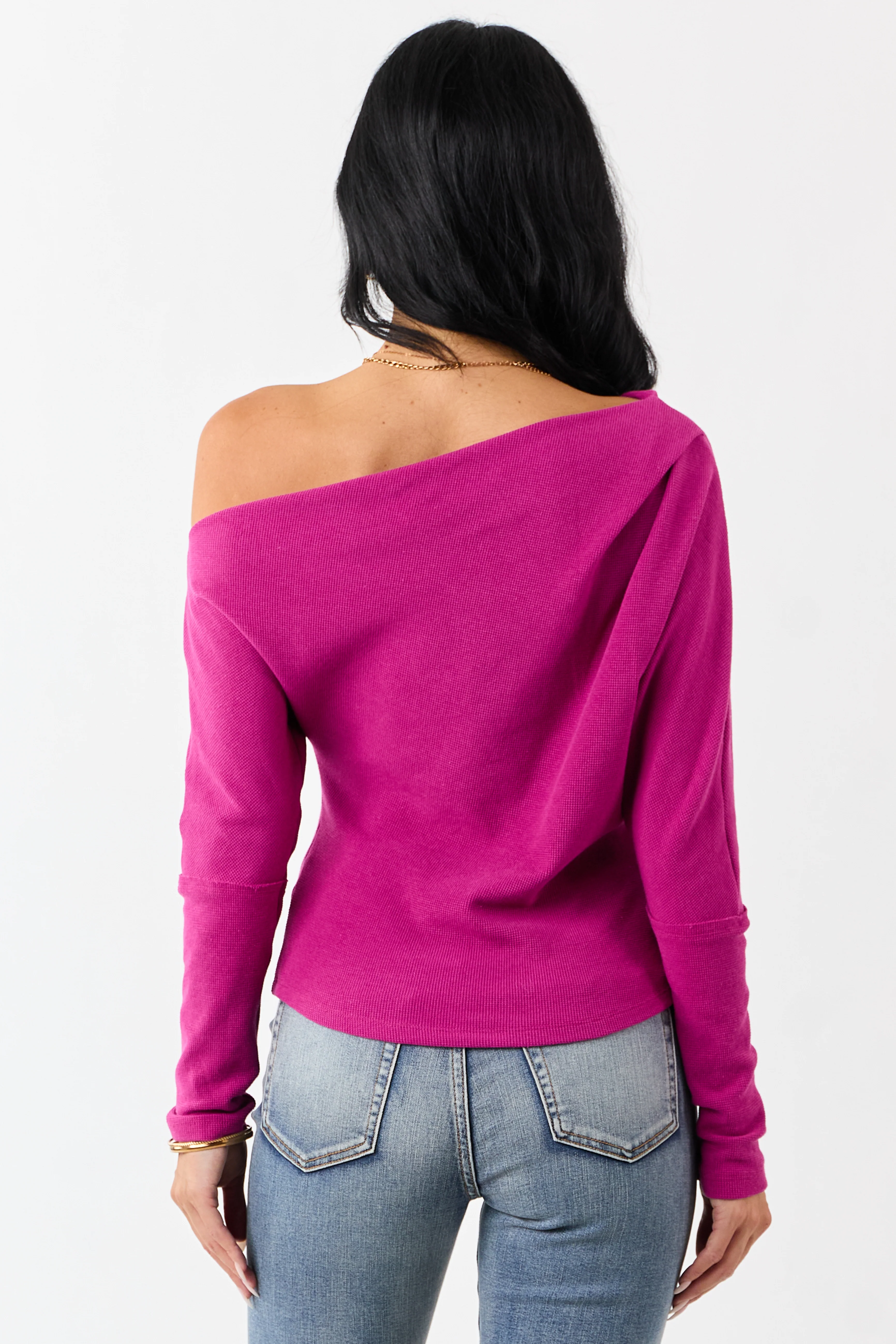 Mulberry One Shoulder Long Sleeve Waffle Knit Top - Image 6