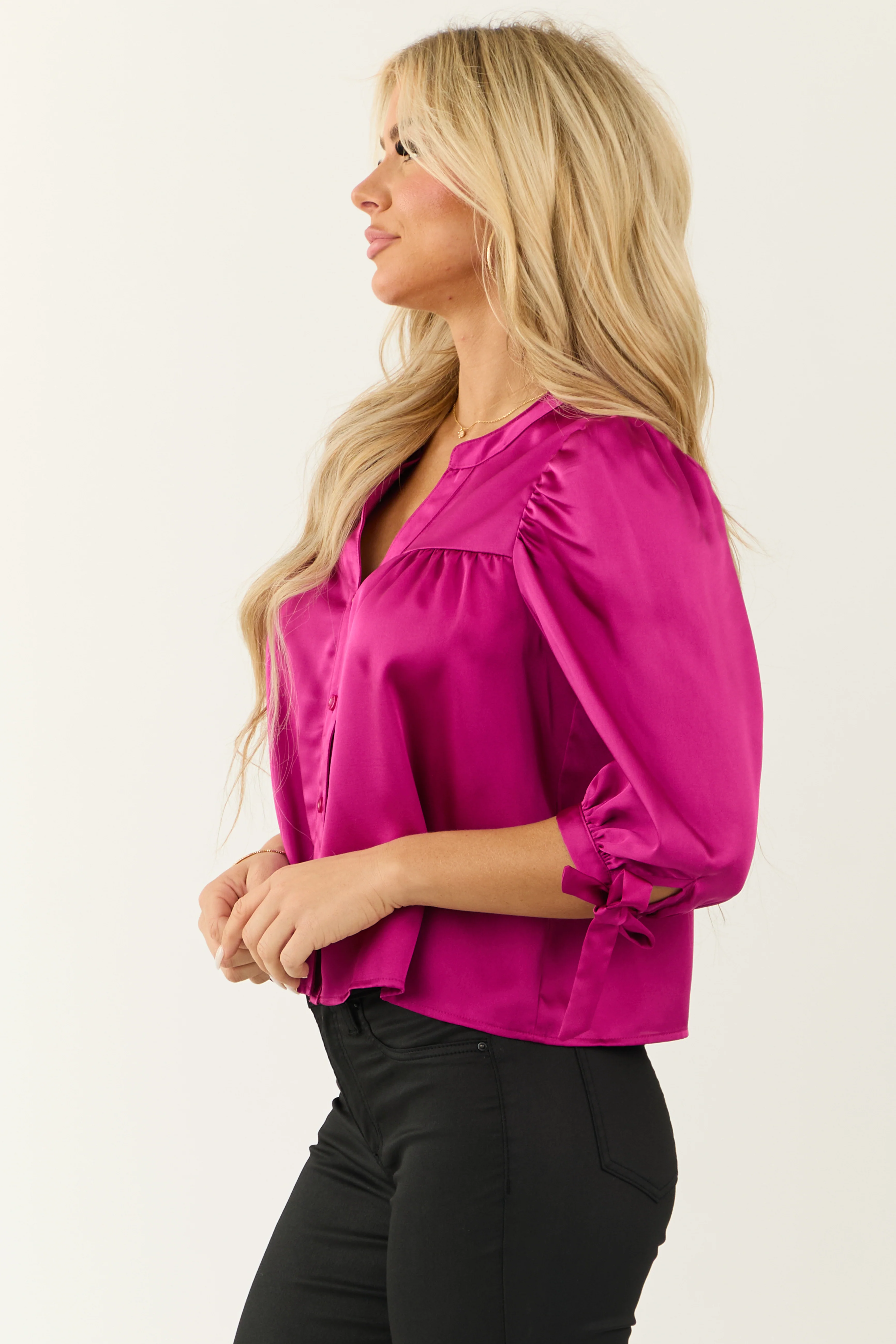 Mulberry Satin 3/4 Sleeve Button Down Blouse - Image 5