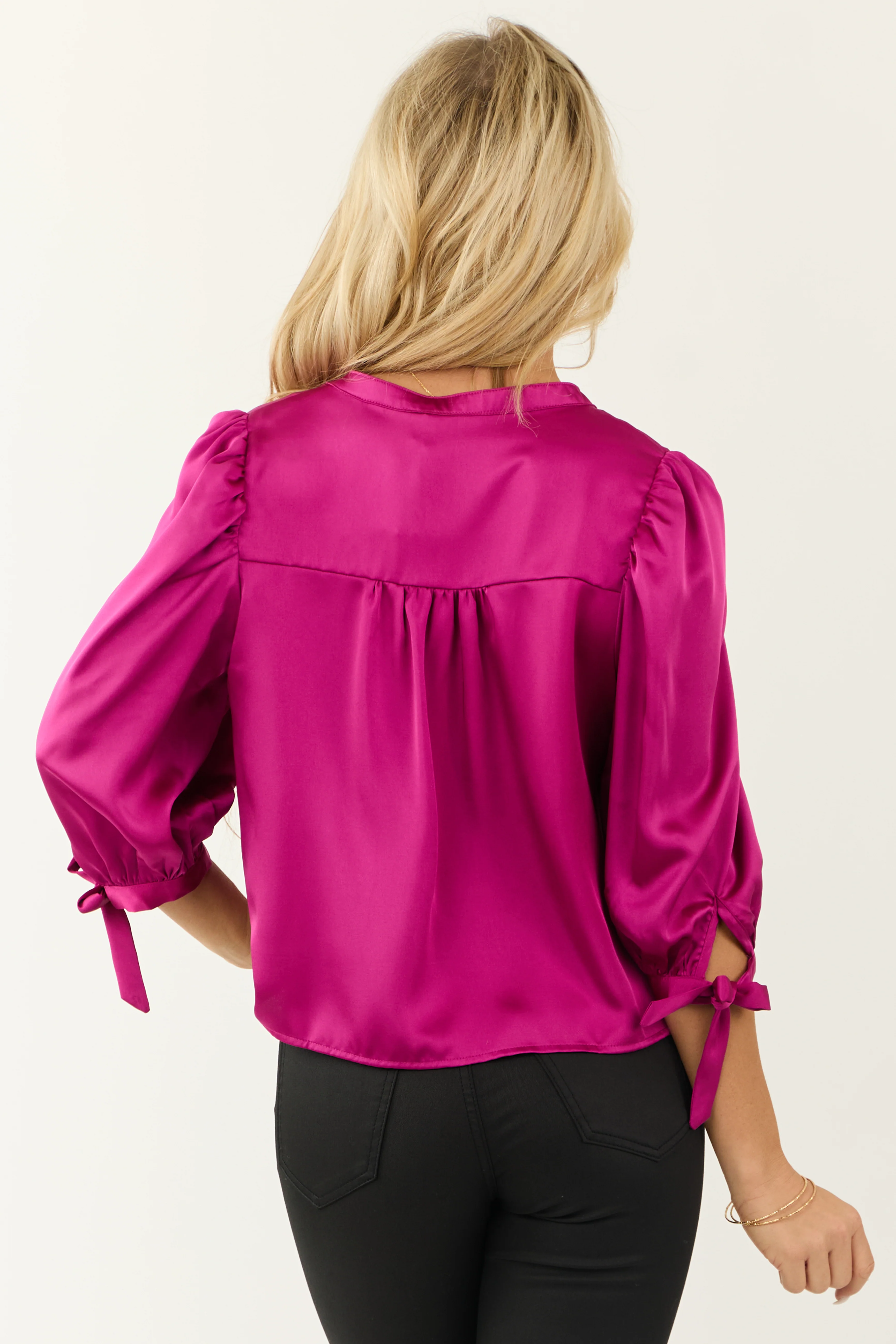 Mulberry Satin 3/4 Sleeve Button Down Blouse - Image 6