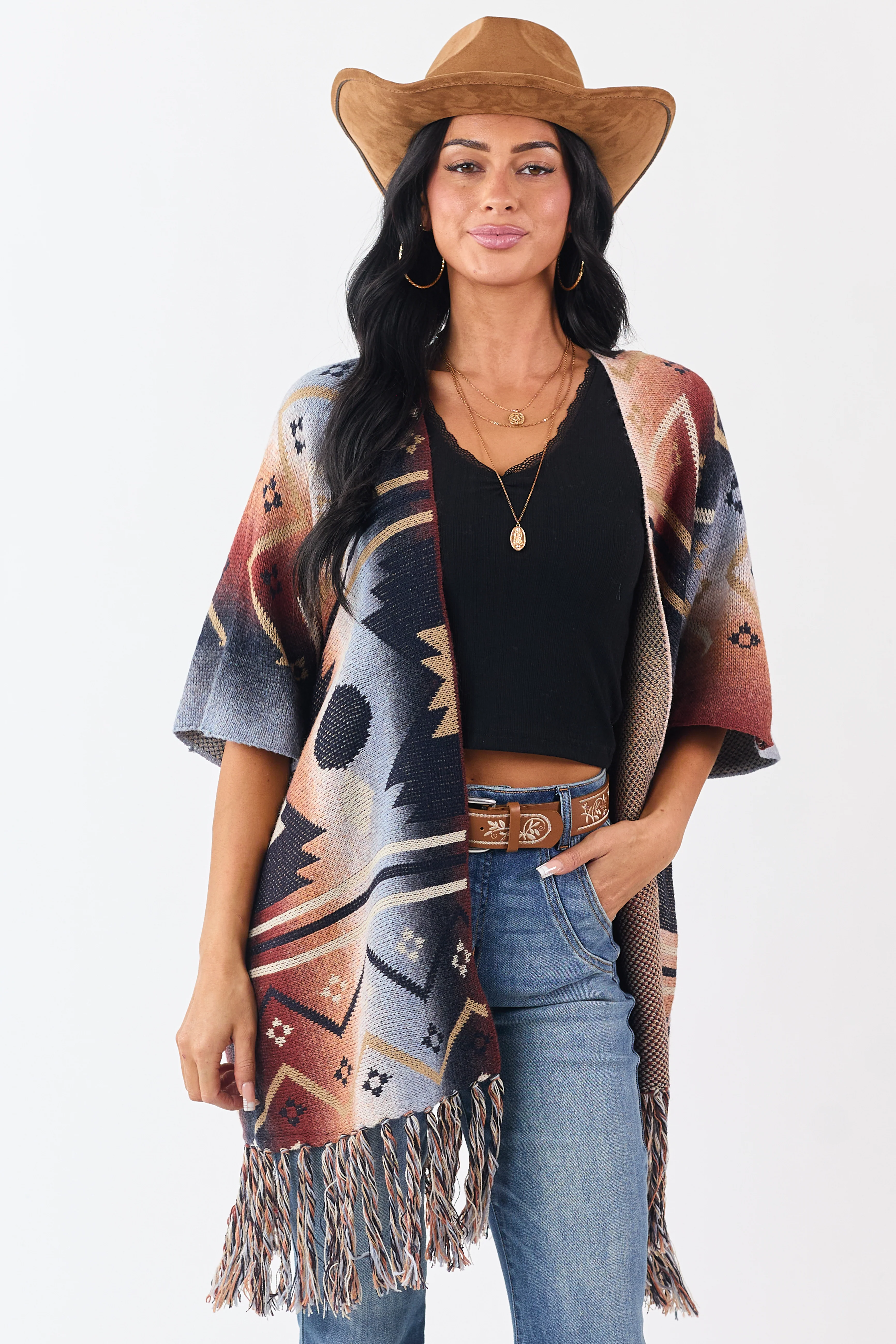Multicolor Ombre Aztec Short Sleeve Sweater Cardigan - Image 3