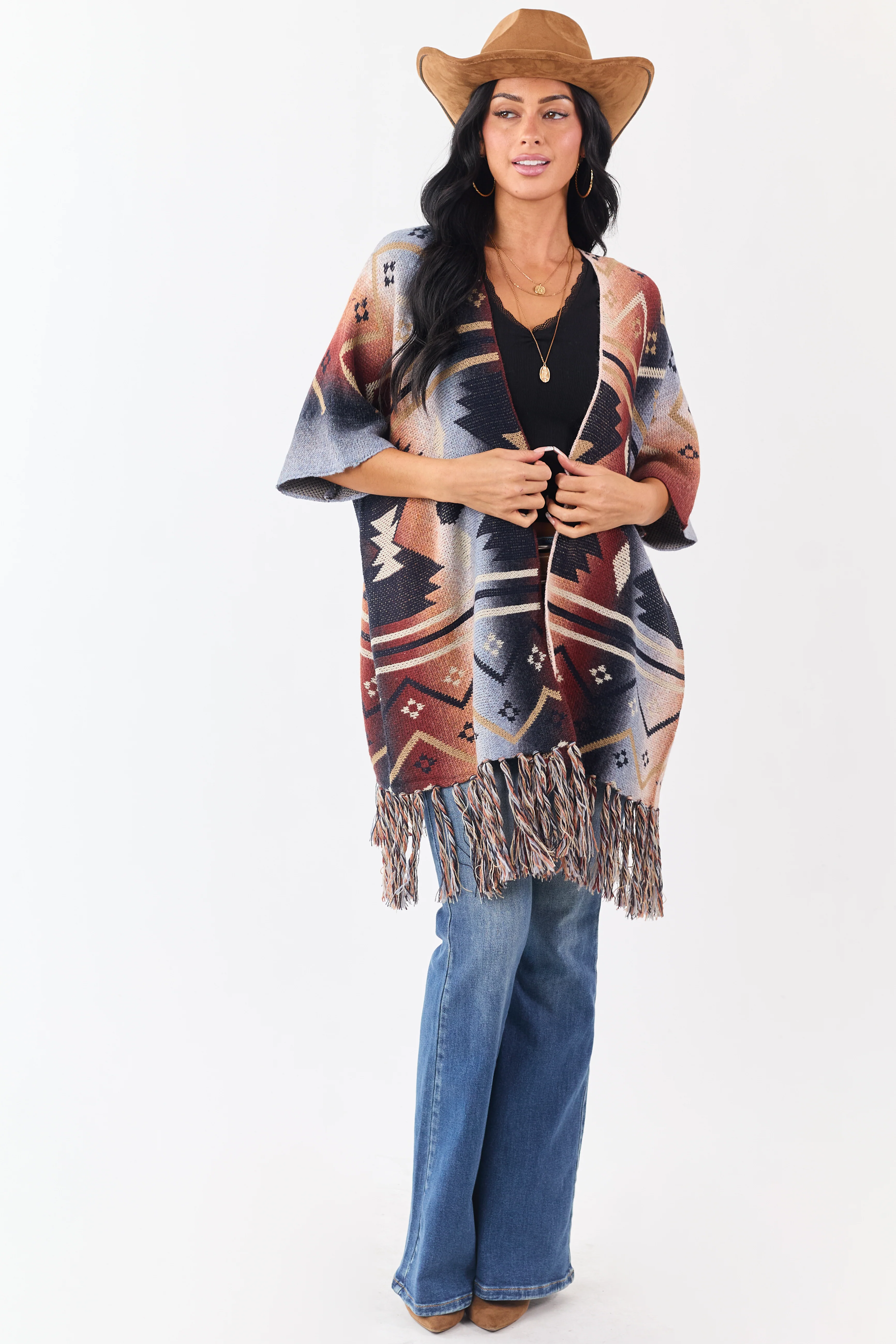 Multicolor Ombre Aztec Short Sleeve Sweater Cardigan - Image 5