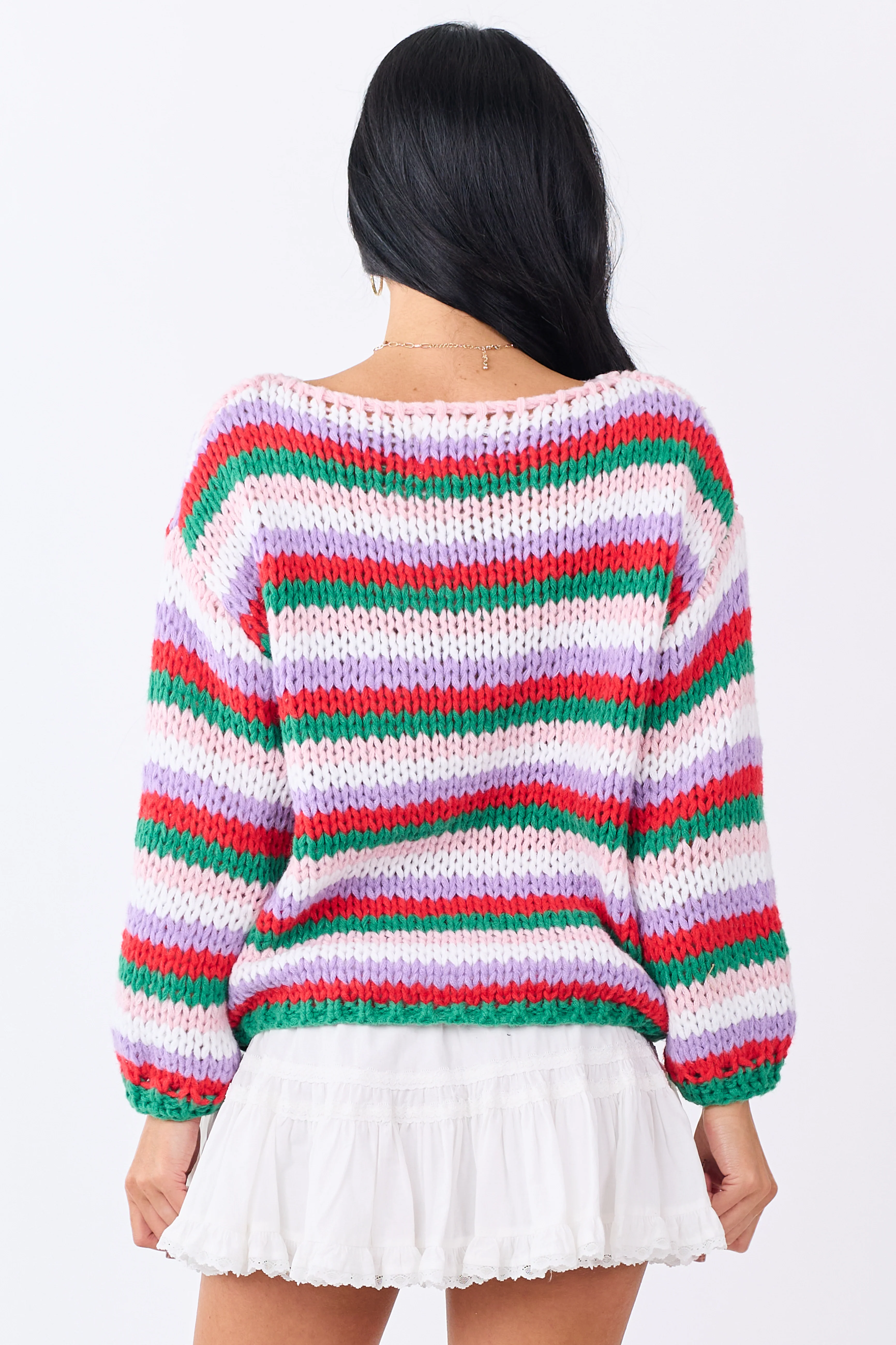 Multicolor Striped Yarn Rib Knit Boatneck Sweater - Image 6