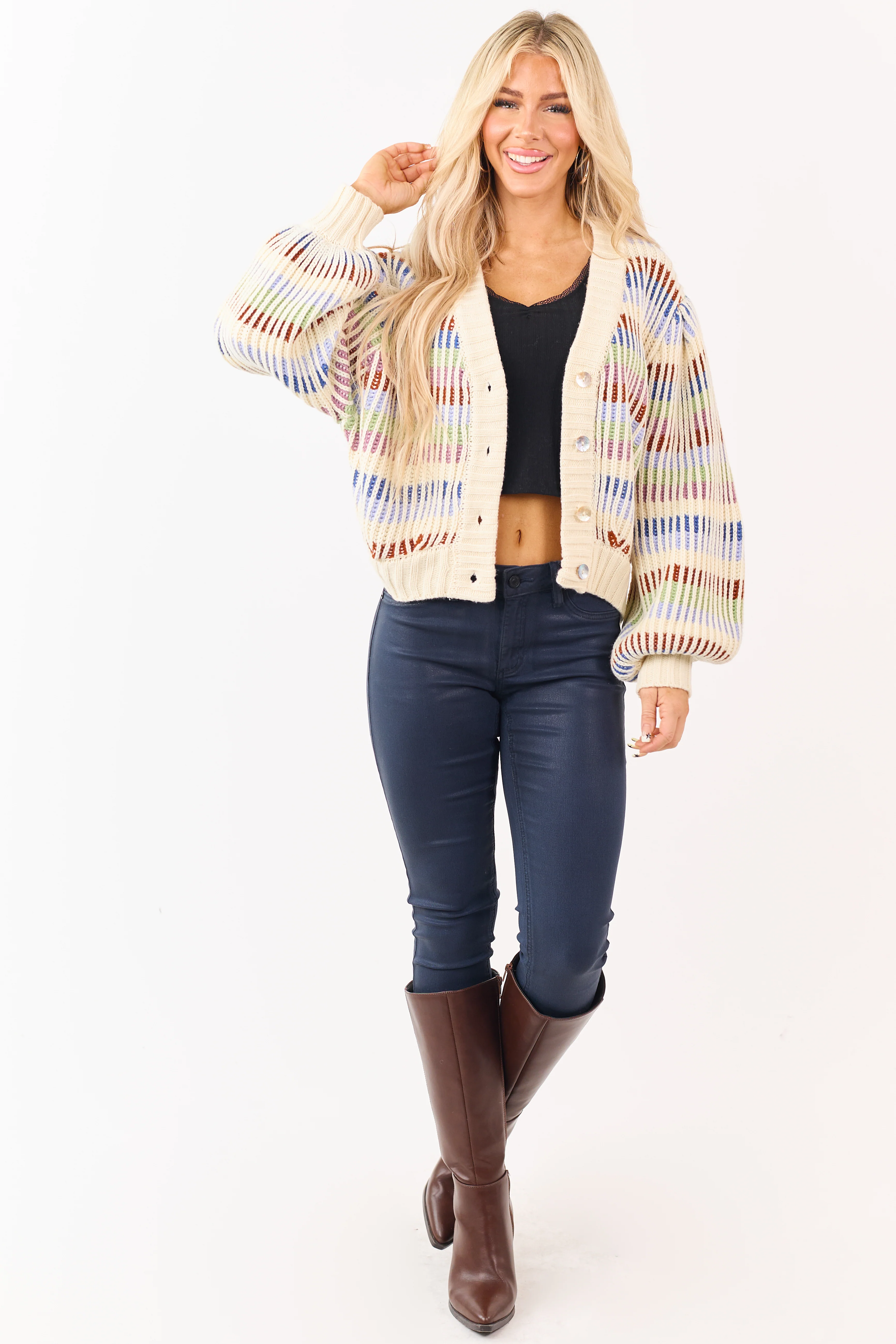 Multicolored Striped Chunky Ribbed Sweater Cardigan - Image 3